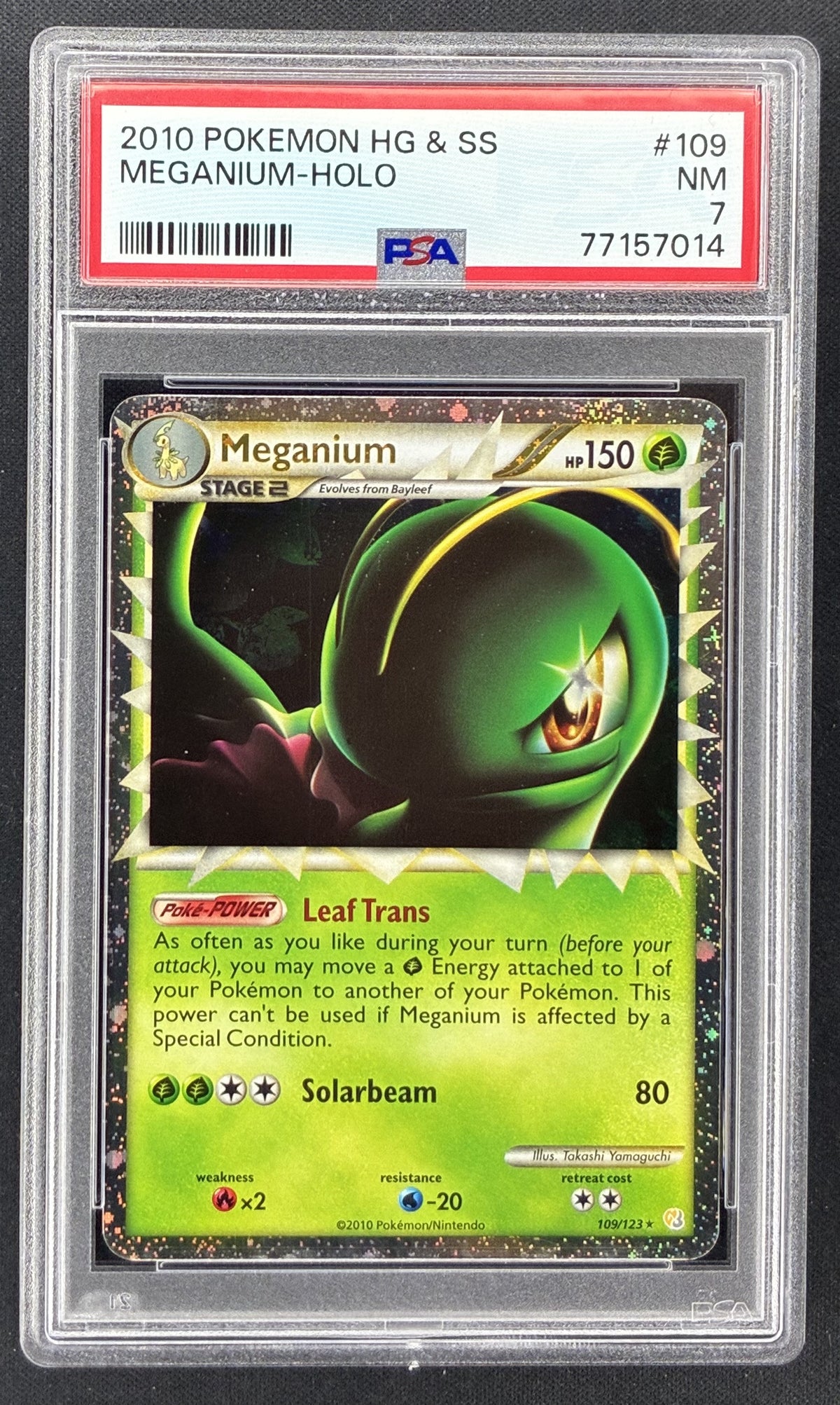 2010 Pokémon HeartGold & SoulSilver Meganium Prime #109/123 Holo PSA 7 NM English trading card.