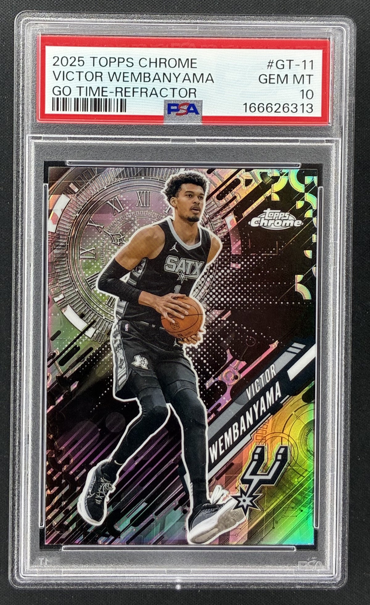2025-26 Topps Chrome Go Time Victor Wembanyama #GT-11 Refractor PSA 10 Gem Mint San Antonio Spurs basketball card.