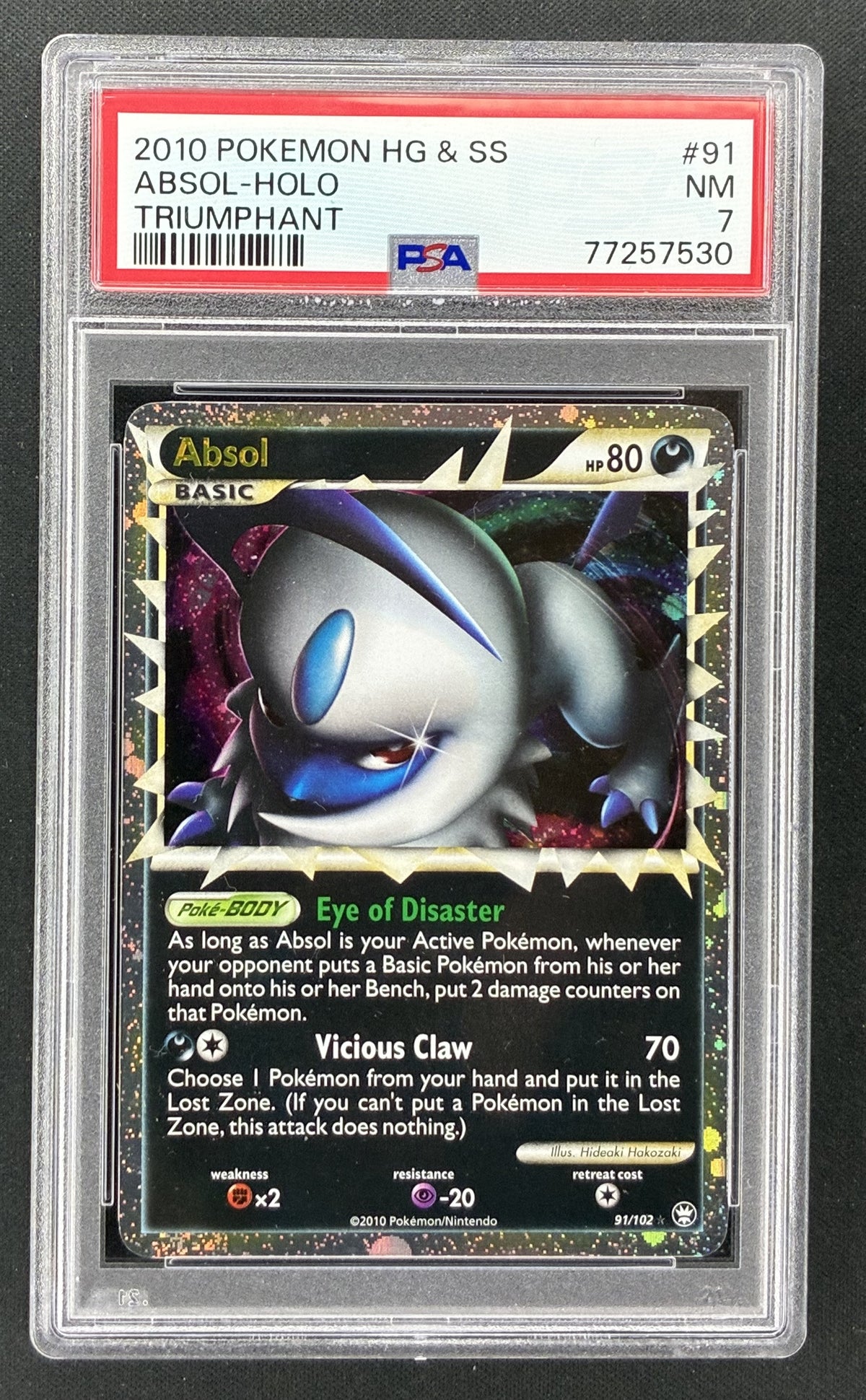 2010 Pokémon HS Triumphant Absol Prime Holo #91/102 PSA 7 NM English trading card.