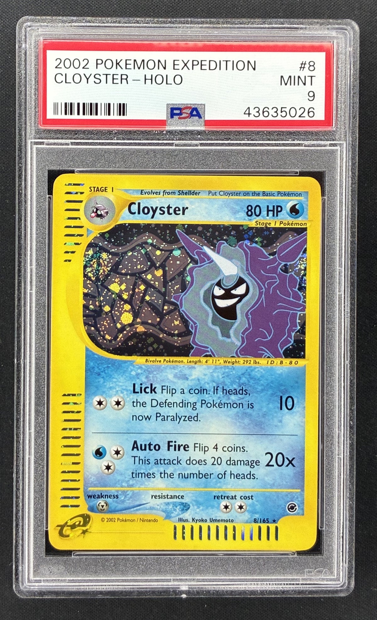 2002 Pokémon Expedition Base Set Cloyster #8/165 Holo PSA 9 Mint with visible holo swirl.