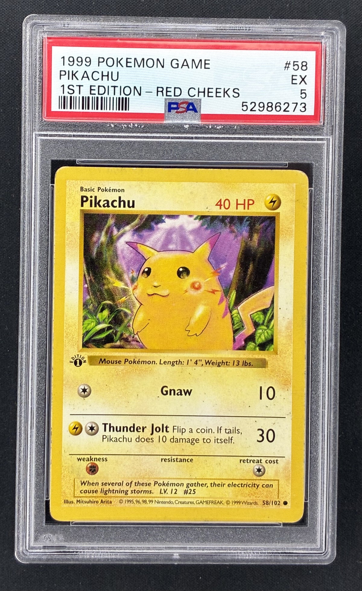 1999 Pokémon Base Set Pikachu Red Cheeks #58/102 1st Edition Shadowless PSA 5 EX card.