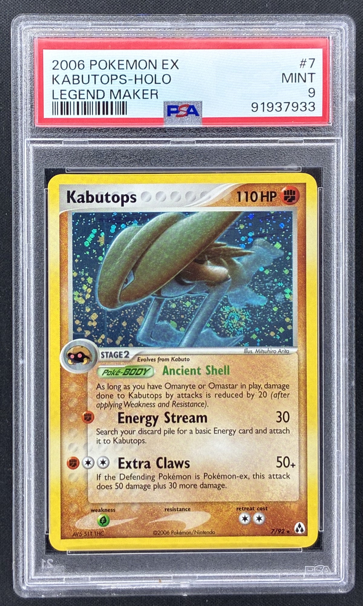 2006 Pokémon EX Legend Maker Kabutops #7/92 Holo PSA 9 Mint with visible holo swirl.