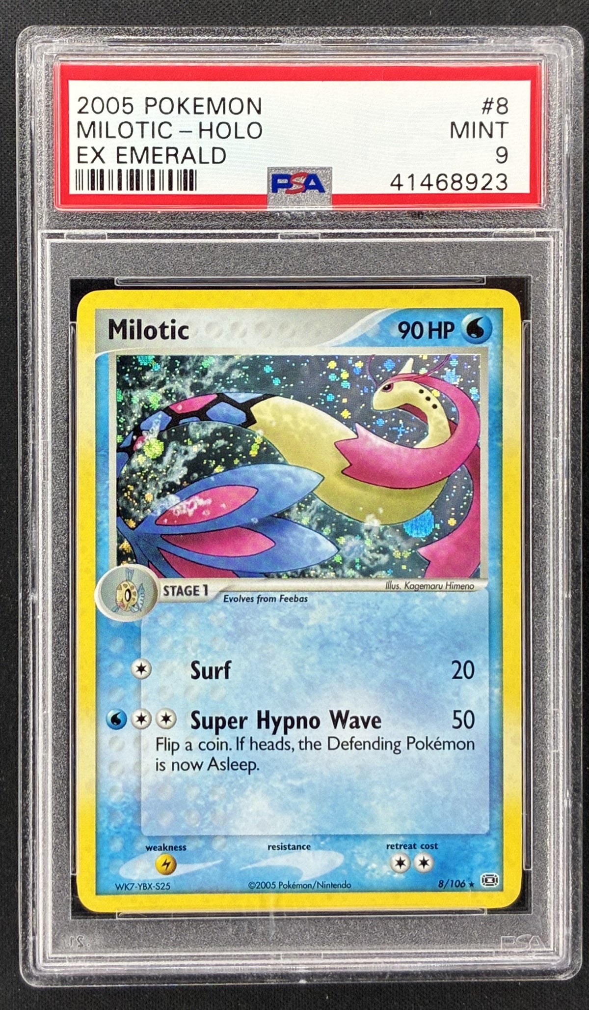 2005 Pokémon EX Emerald Milotic Holo #8/106 PSA 9 Mint English trading card.