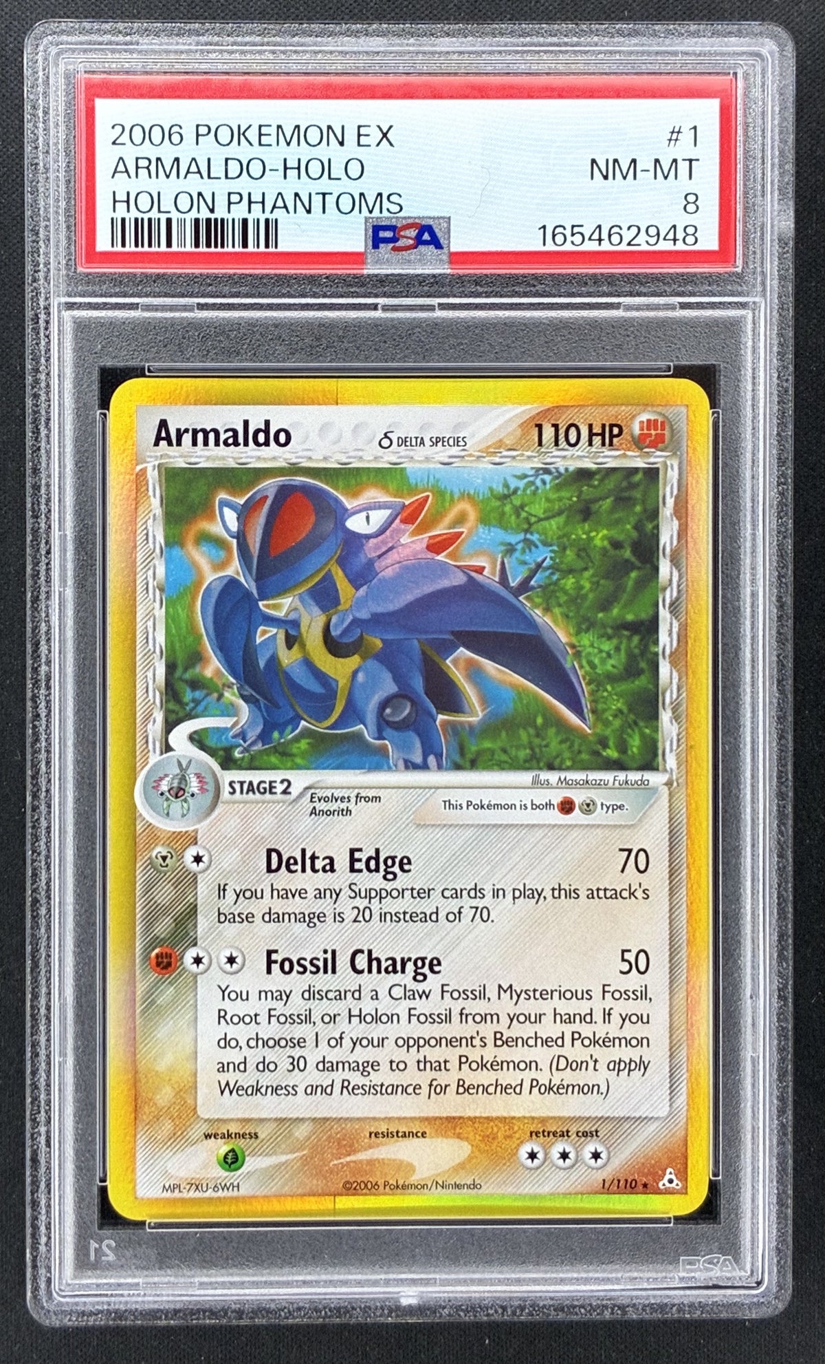 2006 Pokémon EX Holon Phantoms Armaldo Delta Species #1/110 stamped Reverse Holo PSA 8 NM-MT card.