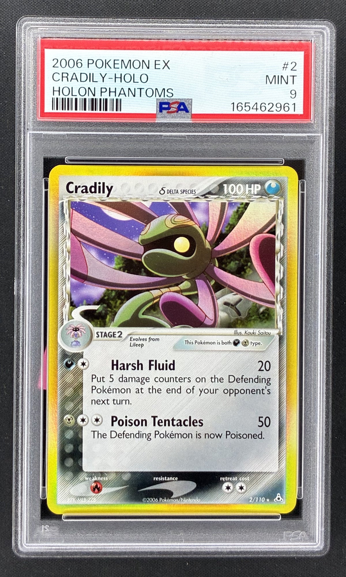 2006 Pokémon EX Holon Phantoms Cradily Delta Species #2/110 stamped Reverse Holo PSA 9 Mint card.