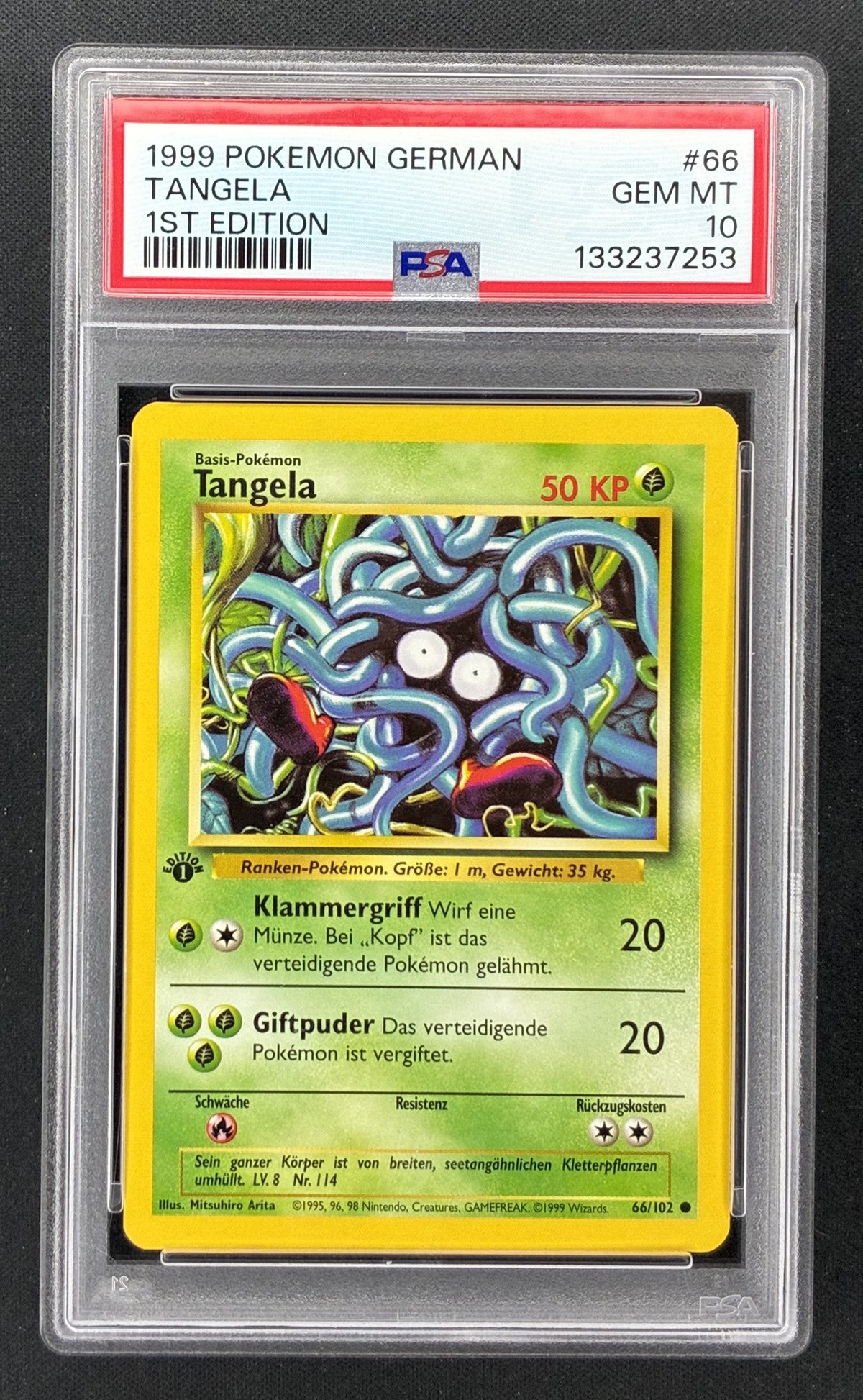 1999 Pokémon German Base Set Tangela #66/102 1st Edition PSA 10 Gem Mint graded trading card.