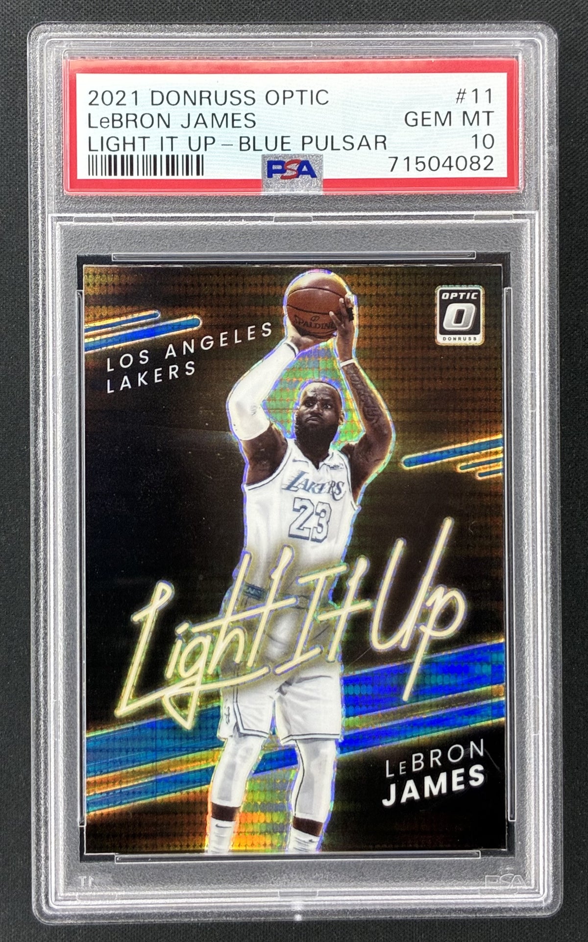 2021-22 Donruss Optic LeBron James Light It Up #11 Blue Pulsar Prizm PSA 10 Gem Mint Lakers card.