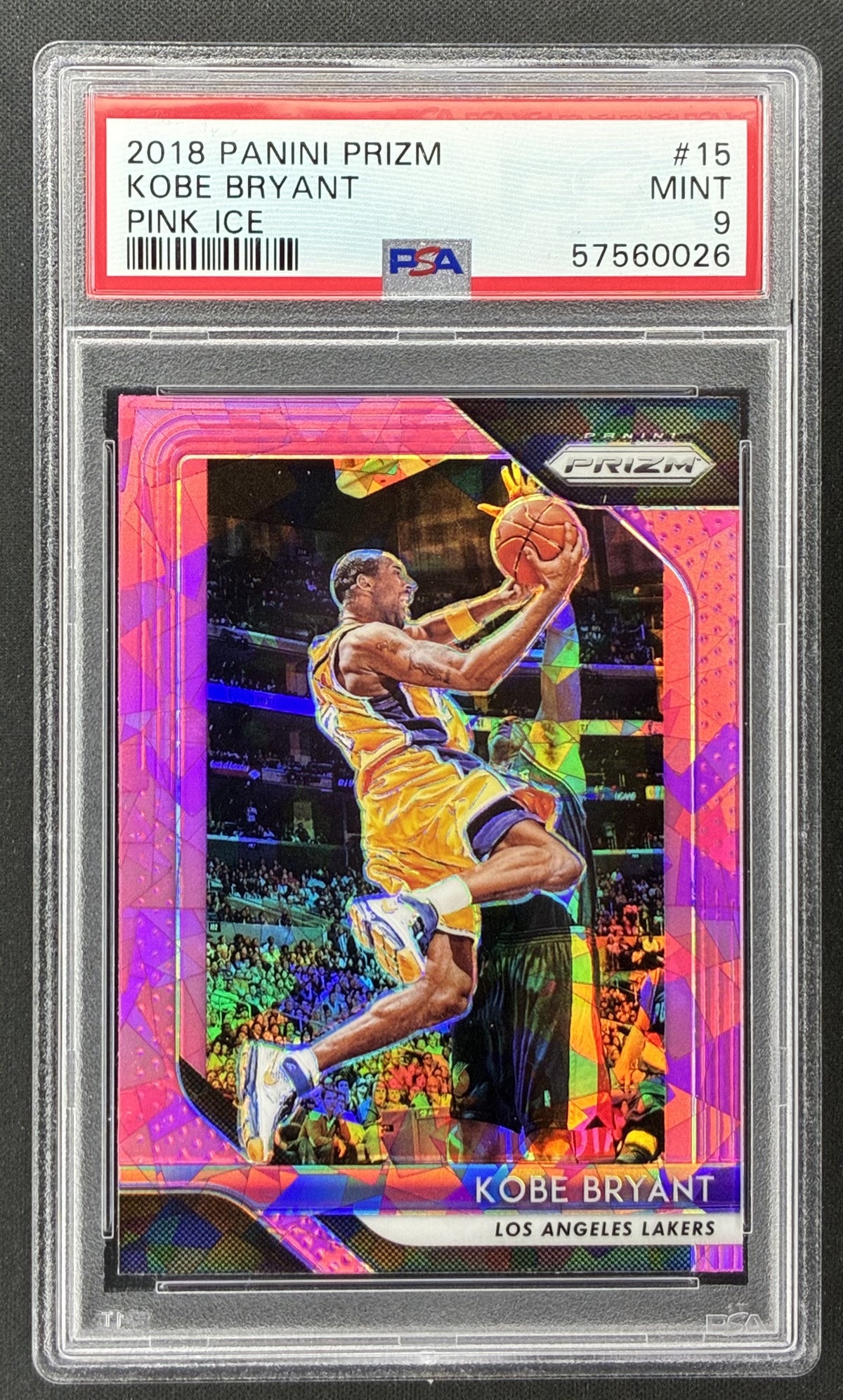 2018-19 Panini Prizm Kobe Bryant #15 Pink Ice Prizm PSA 9 Mint Los Angeles Lakers basketball card.
