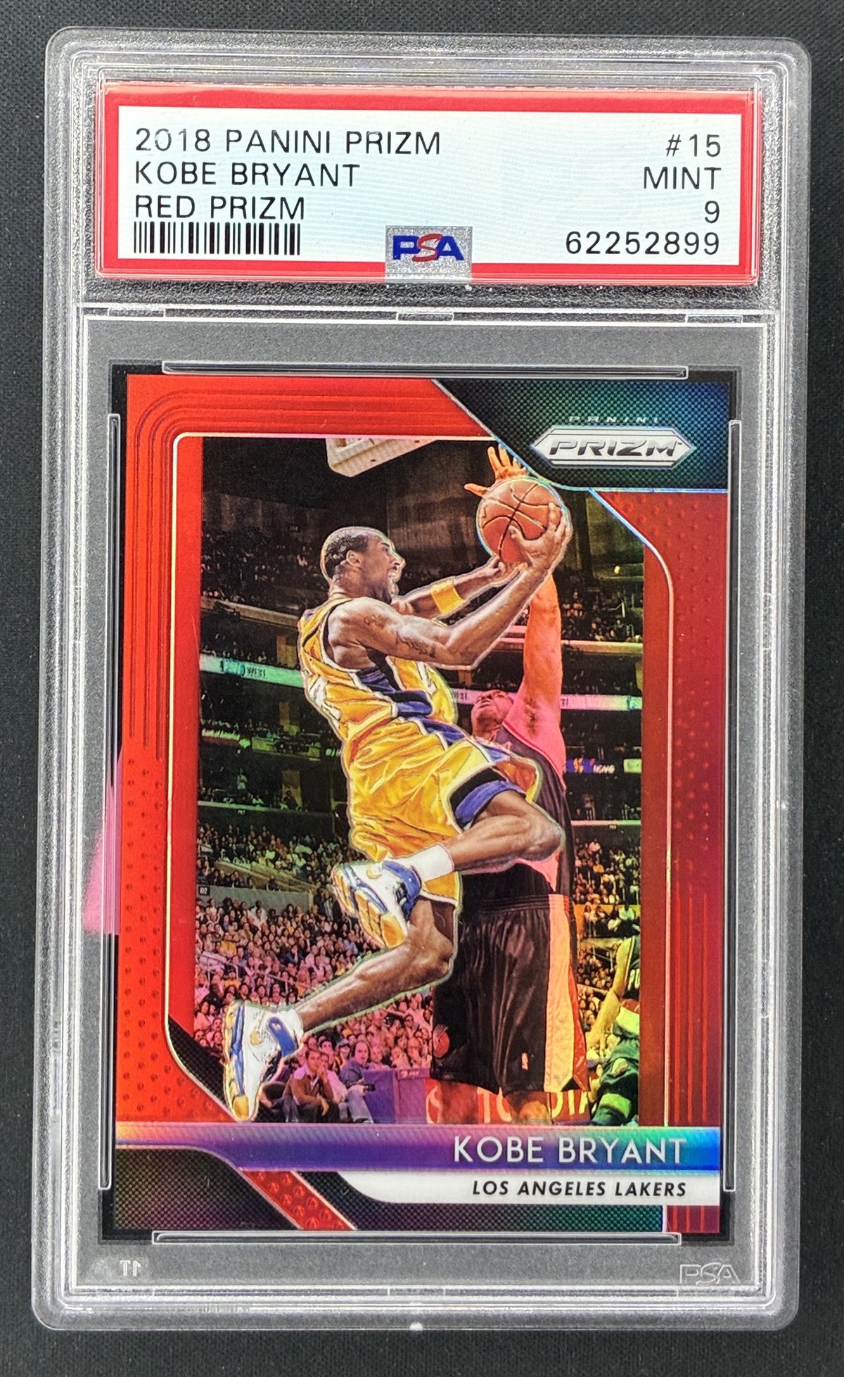 2018-19 Panini Prizm Kobe Bryant #15 Red Prizm /299 PSA 9 Mint Los Angeles Lakers basketball card.