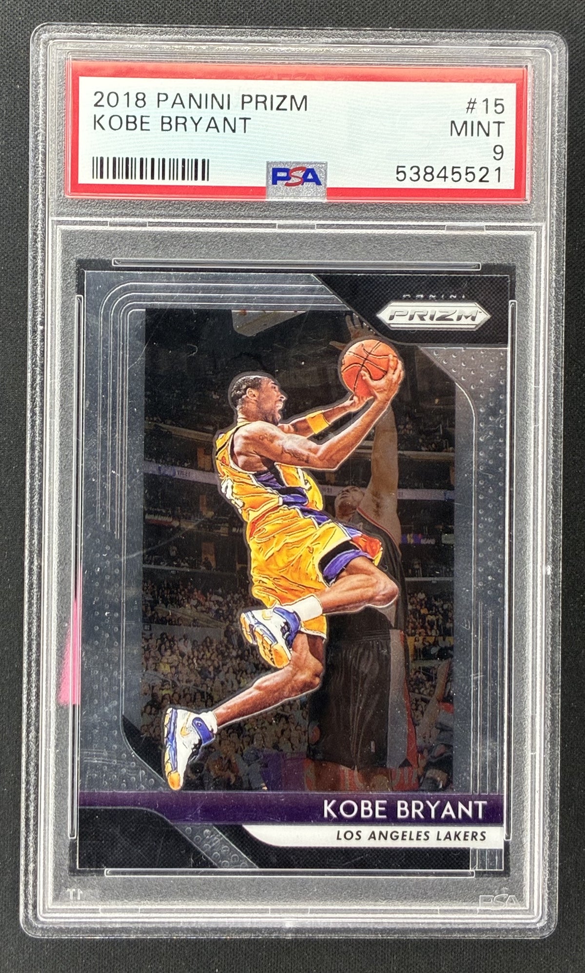 2018-19 Panini Prizm Kobe Bryant #15 PSA 9 Mint Los Angeles Lakers basketball card.