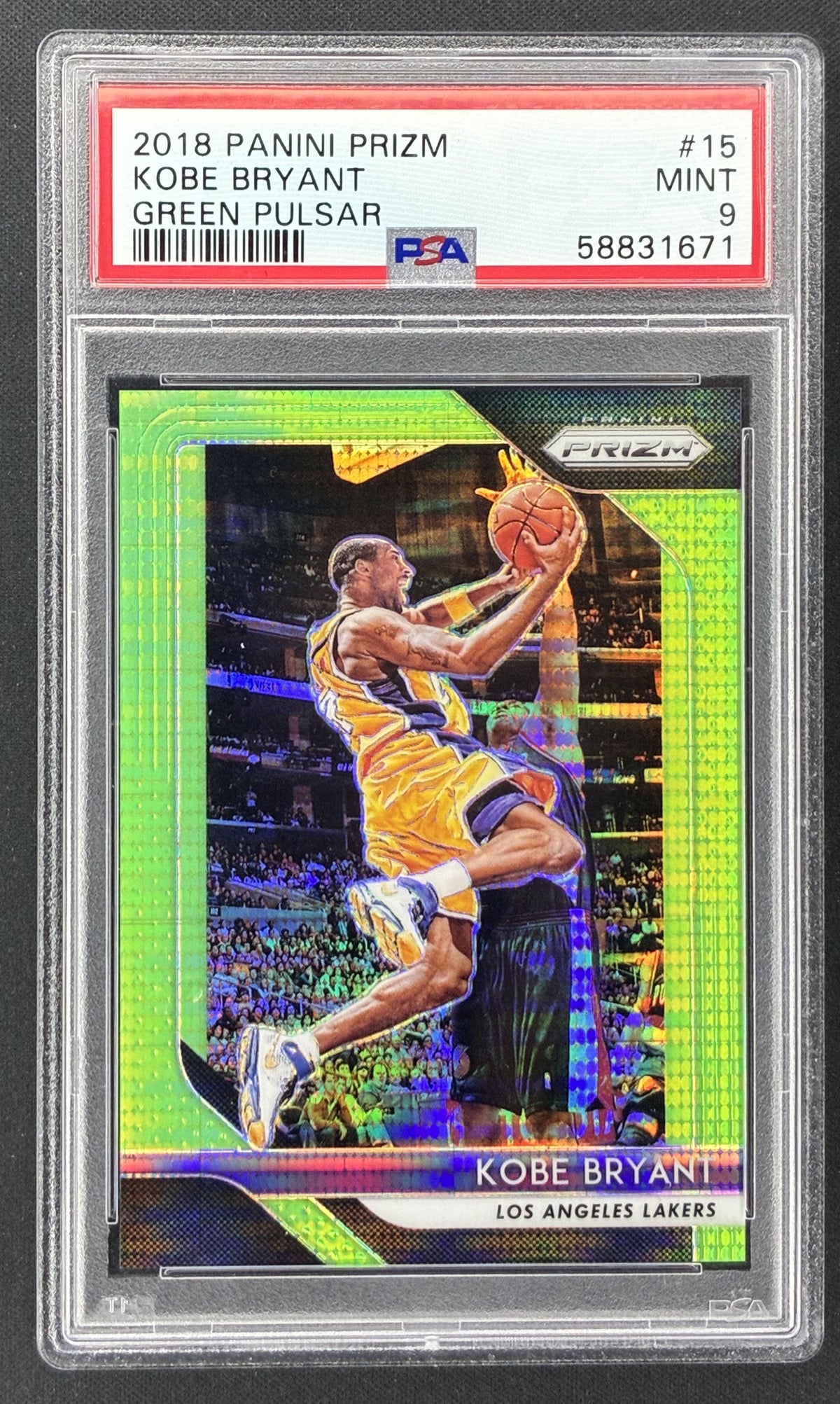 2018-19 Panini Prizm Kobe Bryant #15 Green Pulsar Prizm /25 PSA 9 Mint Los Angeles Lakers basketball card.