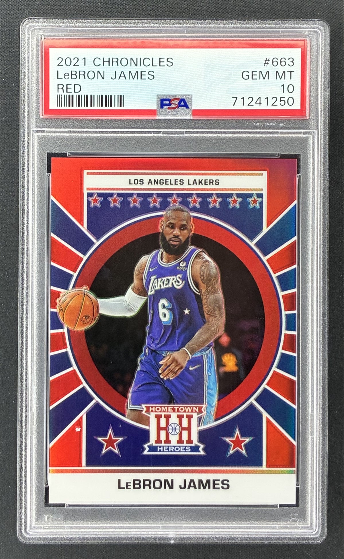 2020-21 Panini Chronicles Hometown Heroes LeBron James 557 Red numbered to 149 PSA 10 Gem Mint.