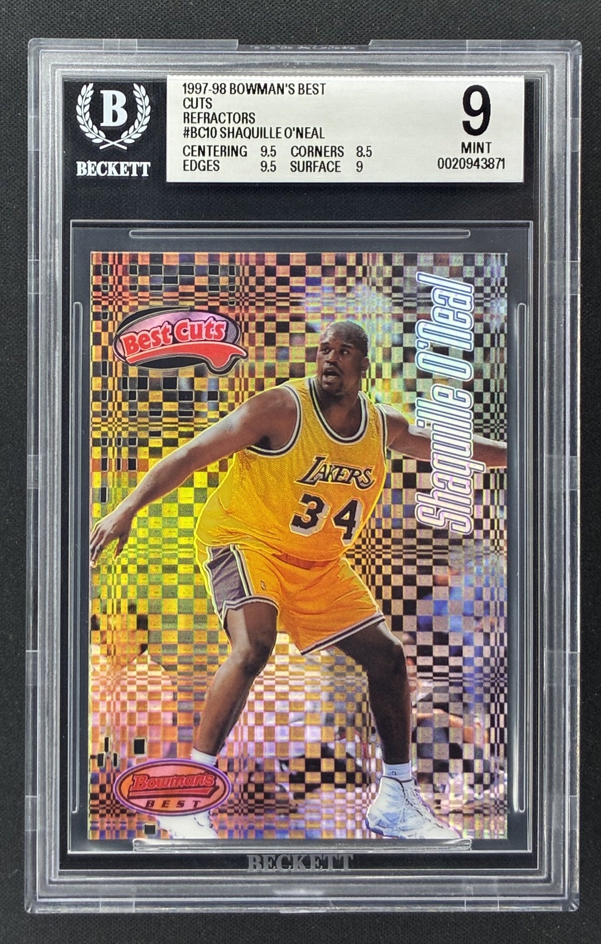 1997-98 Bowman’s Best Shaquille O’Neal Best Cuts BC10 Refractor Los Angeles Lakers BGS 9 Mint.