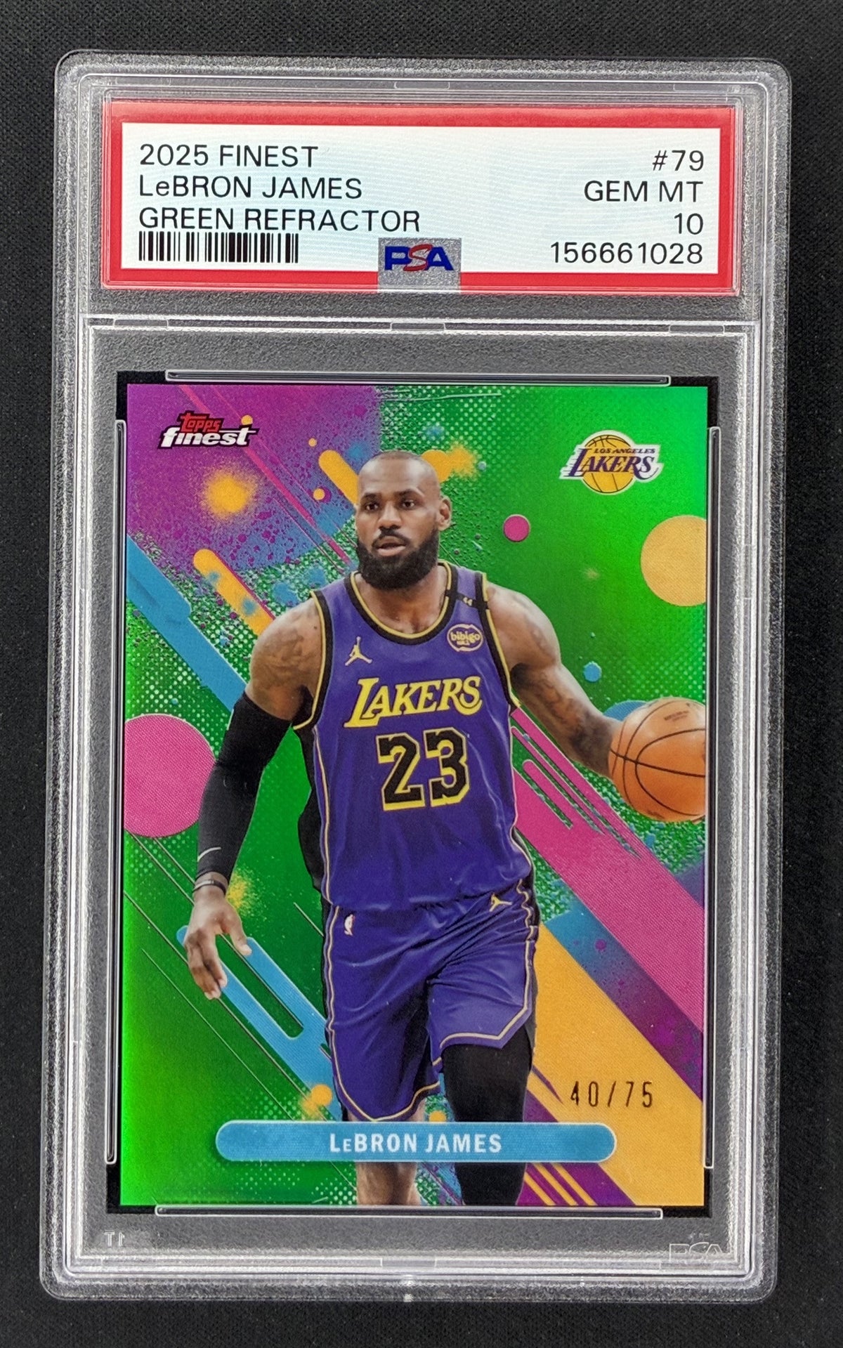 2025-26 Topps Finest LeBron James Common Green Refractor numbered to 75 PSA 10 Gem Mint Lakers card.