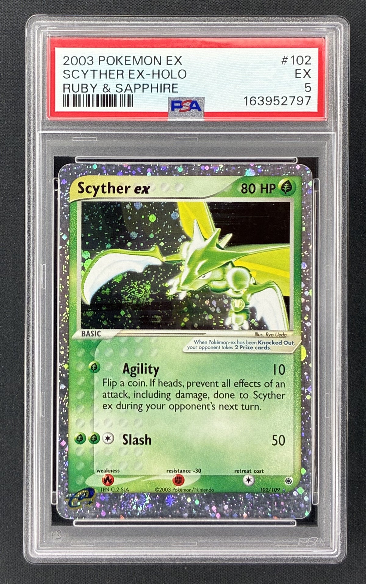 2003 Pokémon EX Ruby and Sapphire Scyther ex 102/109 Holo PSA 5 Excellent.