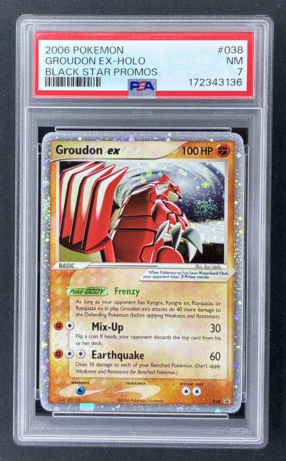 2006 Pokémon Groudon ex Black Star Promo 038 Holo PSA 7 with double swirl.