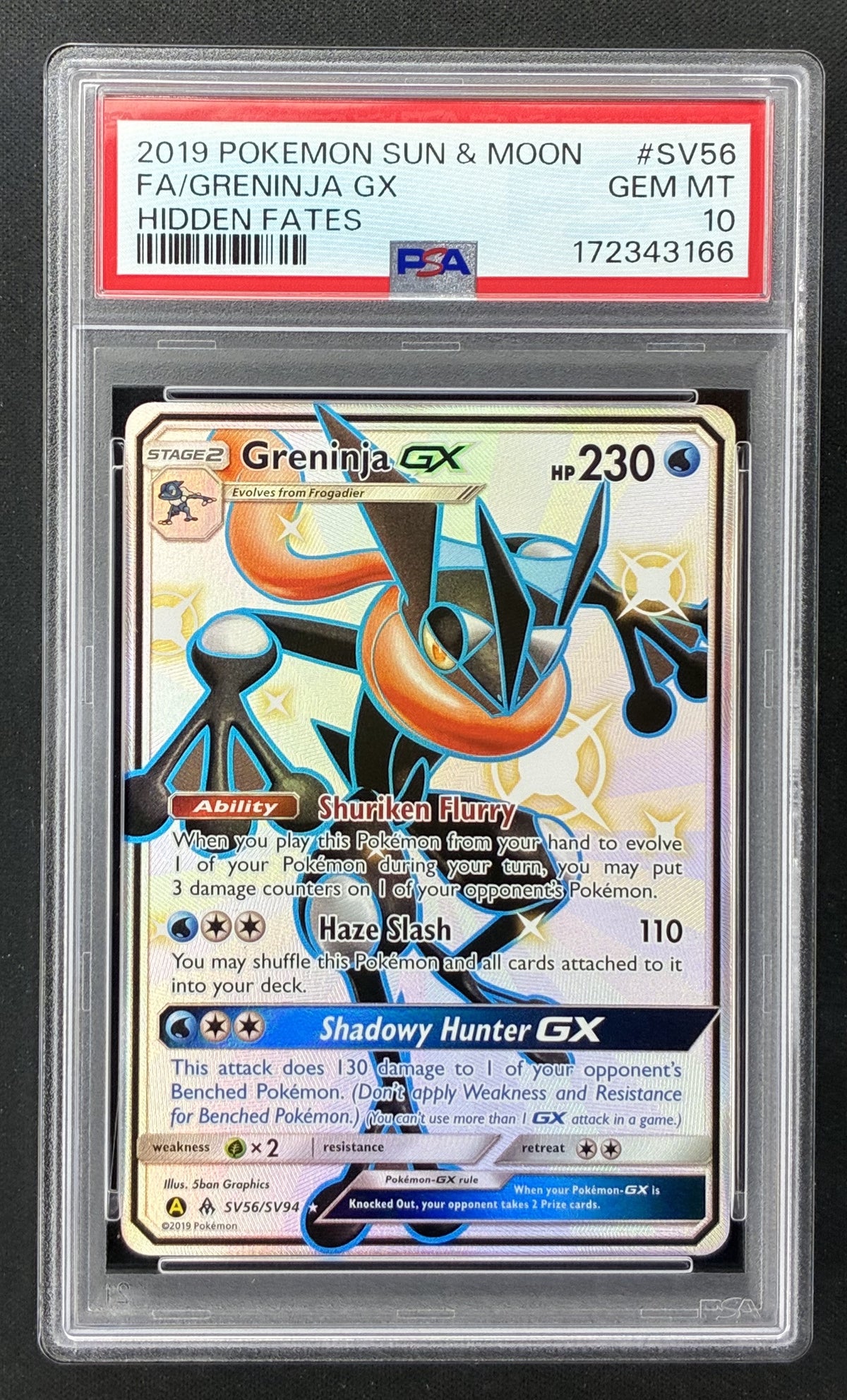 2019 Pokémon Hidden Fates Greninja GX SV56 SV94 Shiny Vault Full Art PSA 10 Gem Mint.