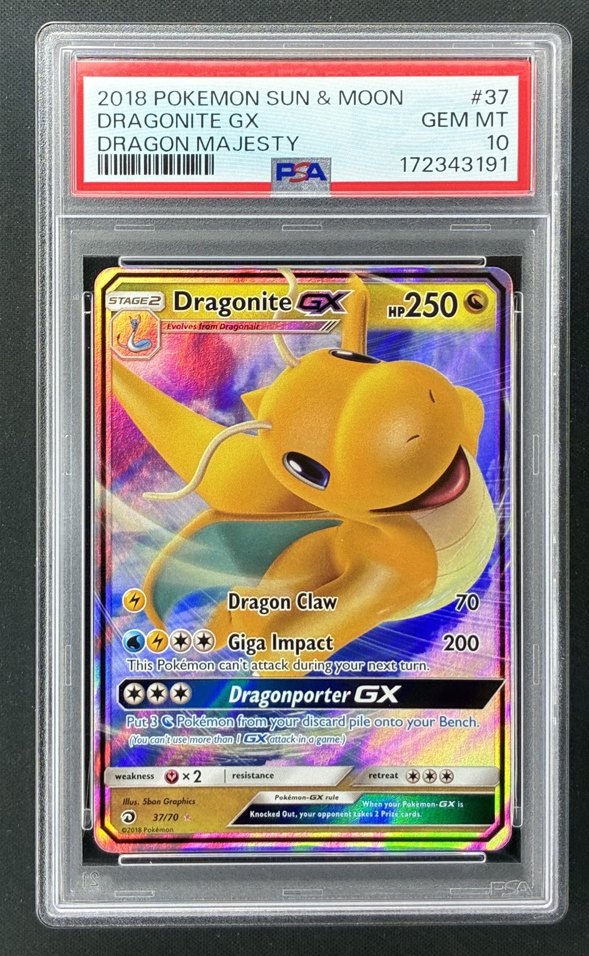 2018 Pokémon Dragon Majesty Dragonite GX 37/70 Holo PSA 10 Gem Mint.