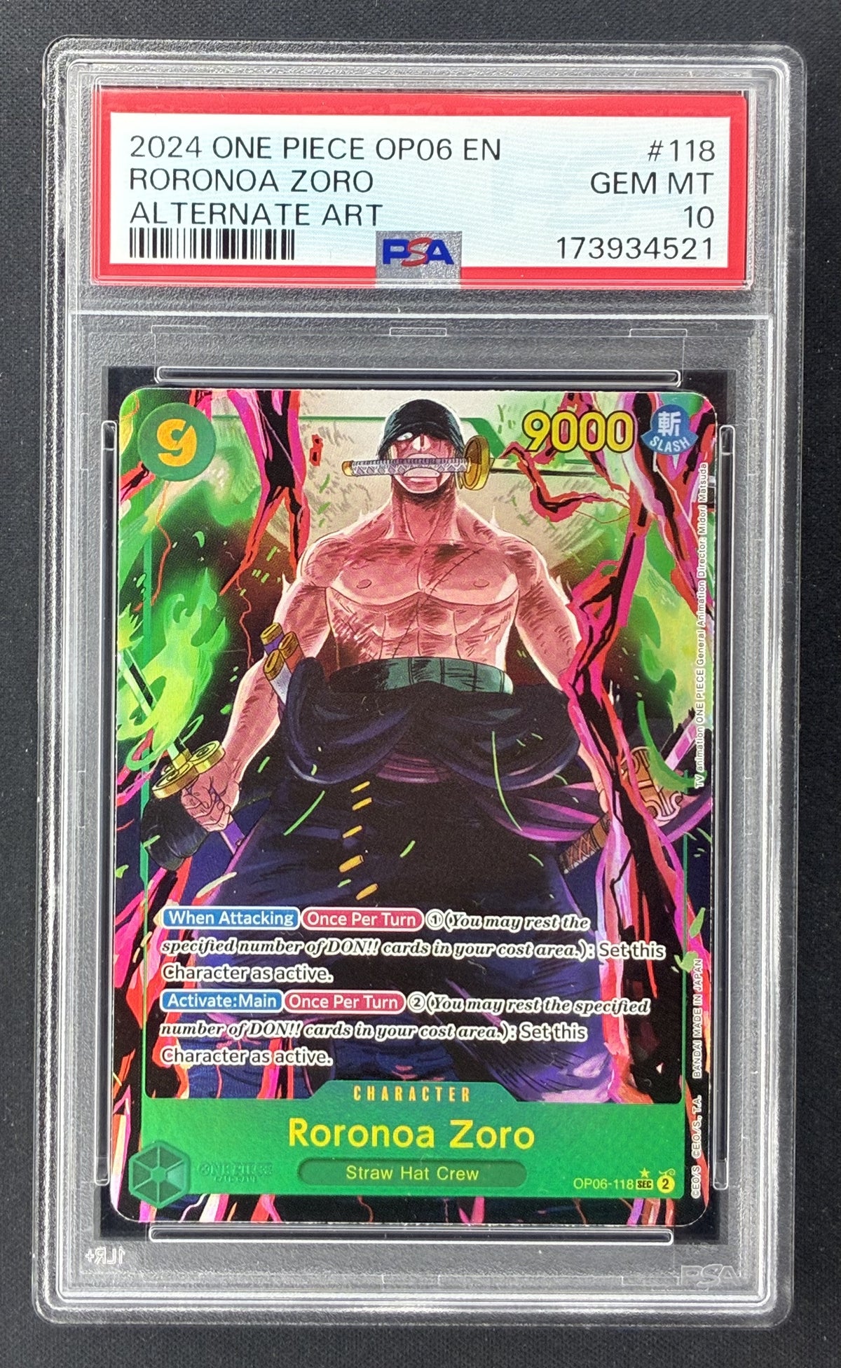 2024 One Piece Wings of the Captain Roronoa Zoro OP06-118 Secret Rare Alternate Art PSA 10
