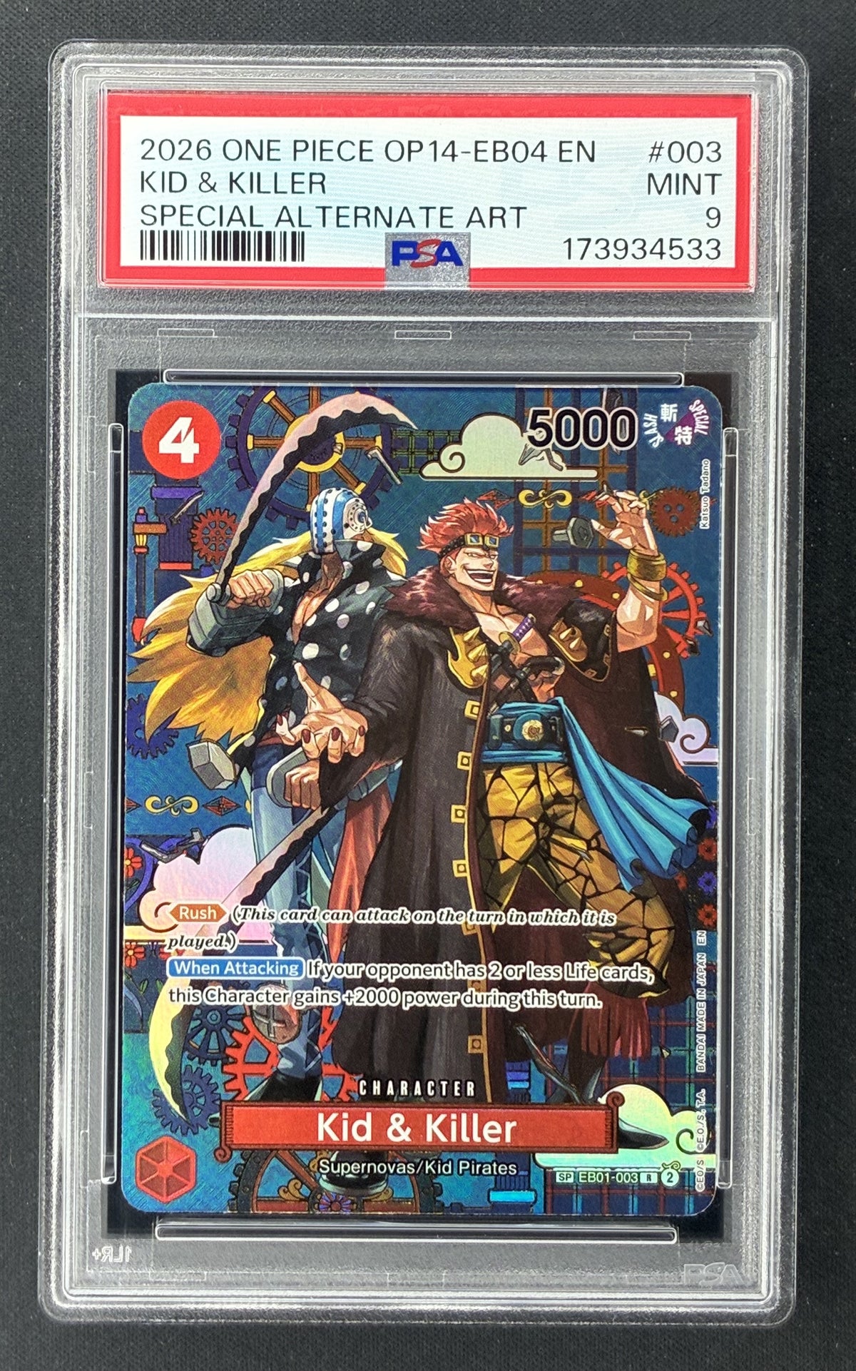 One Piece Card Game Kid and Killer EB01-003 Alternate Art Foil PSA 9 Mint.