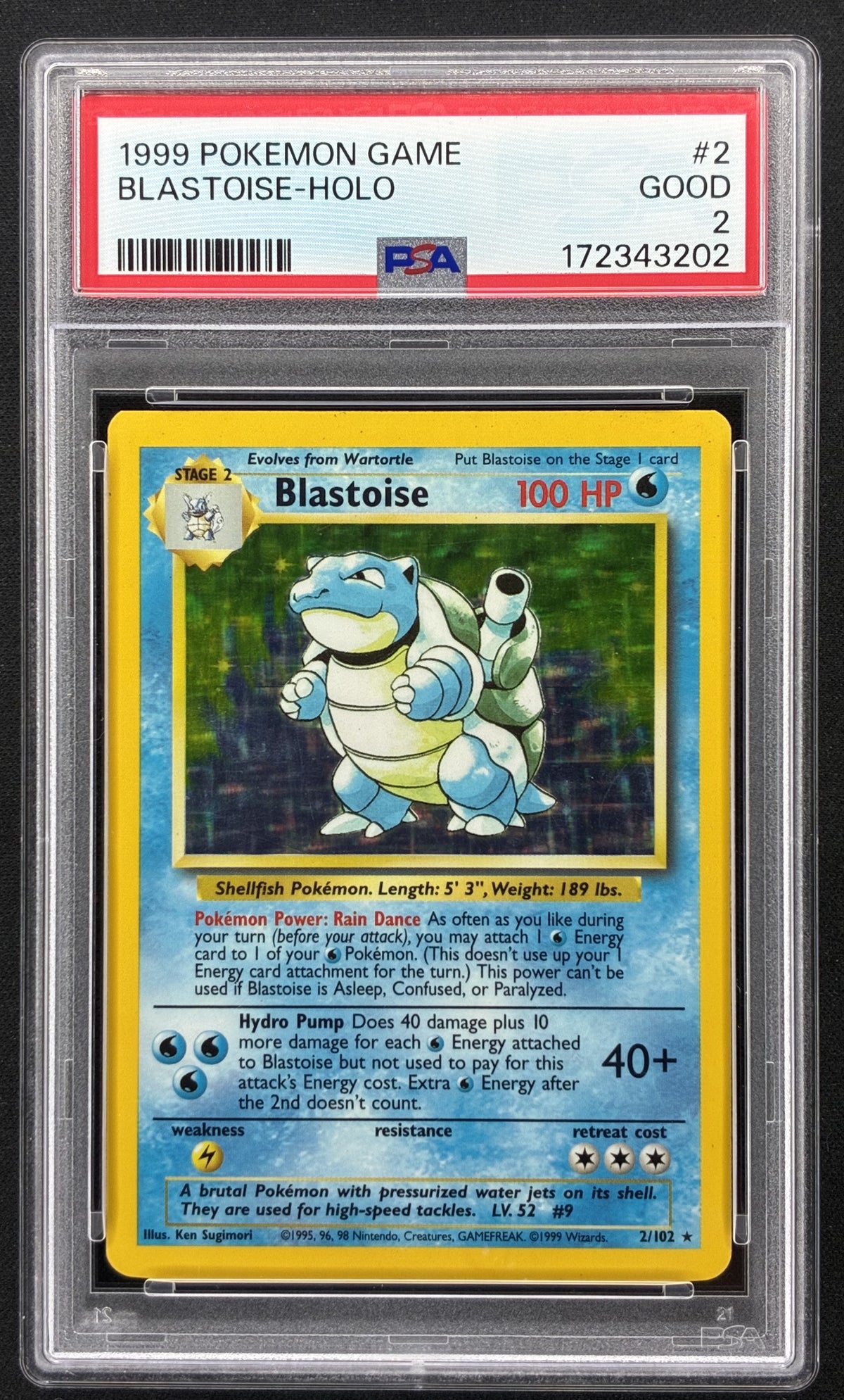 1999 Pokémon Base Set Blastoise 2/102 Unlimited Holo Rare PSA 2 Good.