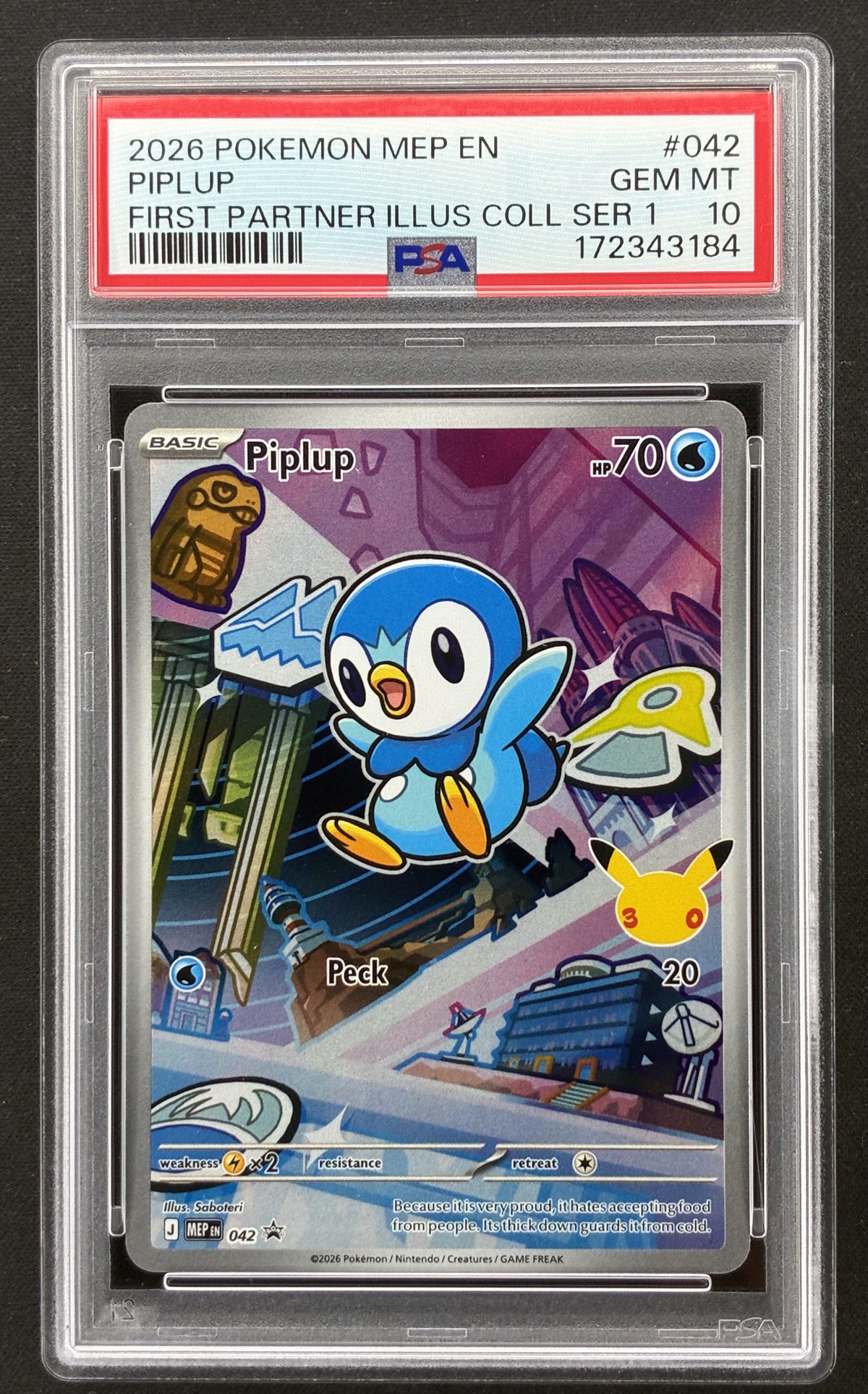 2026 Pokémon MEP English Black Star Promo Piplup 042 PSA 10 Gem Mint.