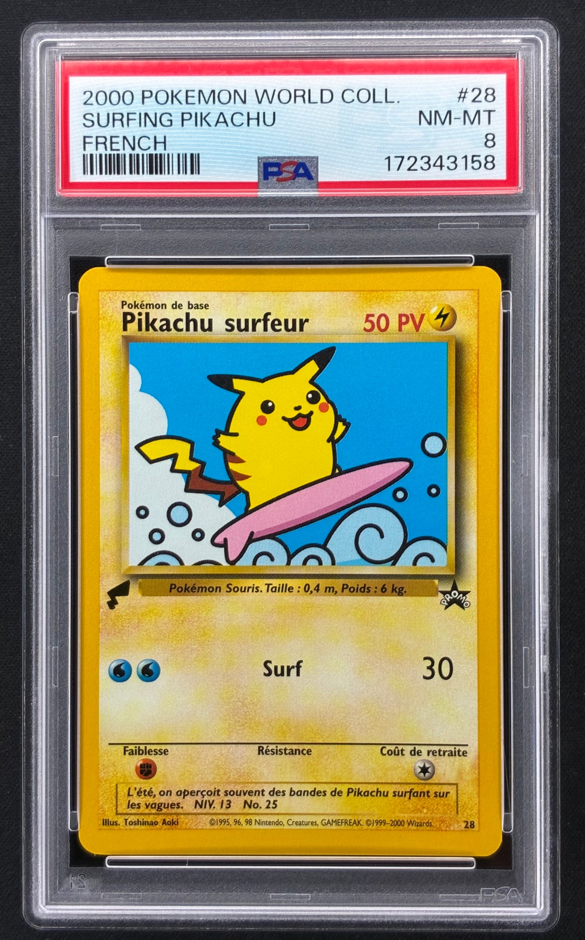 PSA slab front — 2000 Pokémon Pikachu World Collection French Surfing Pikachu #28 PSA 8 NM-MT