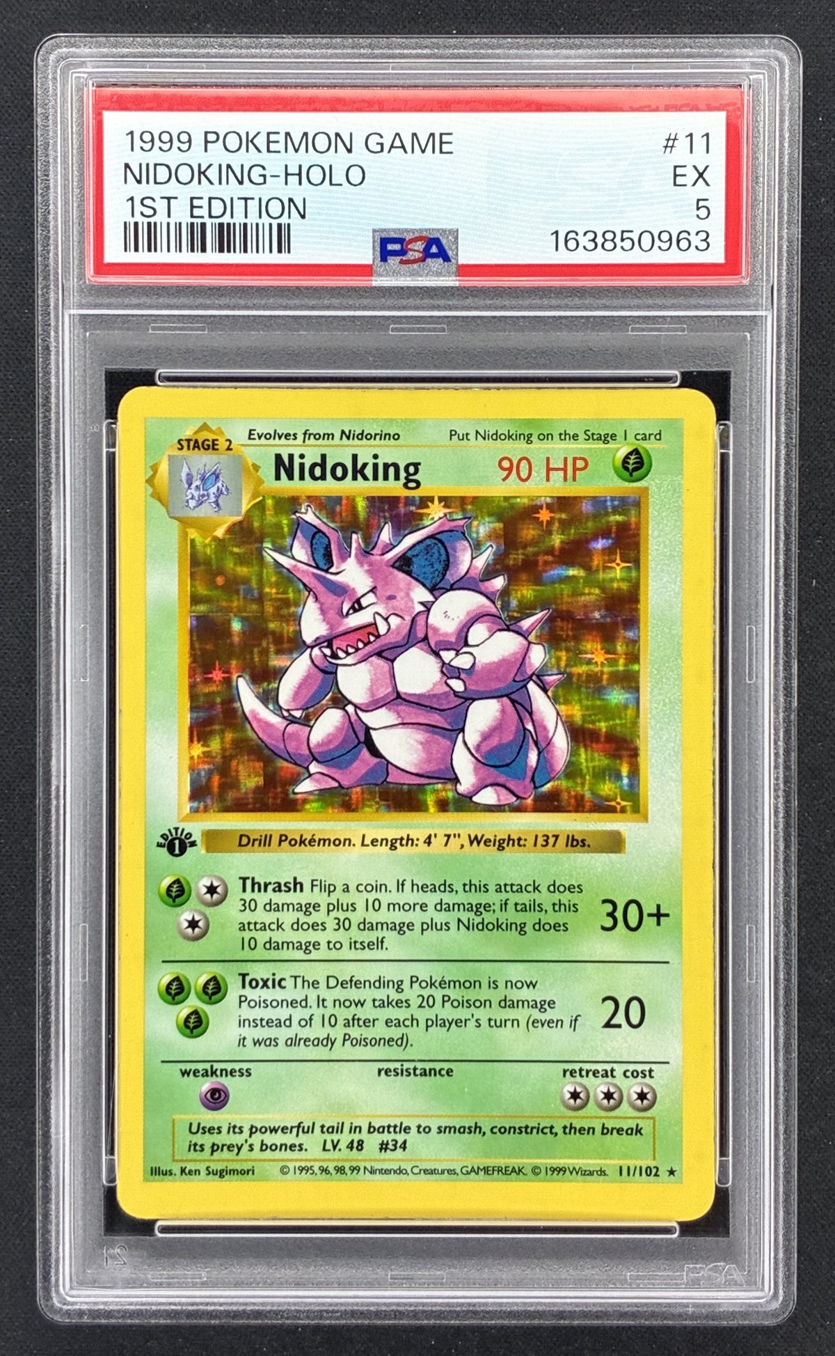 1999 Pokémon Base Set 1st Edition Shadowless Nidoking 11/102 holographic card illustrated by Ken Sugimori, professionally graded PSA 5 Excellent.