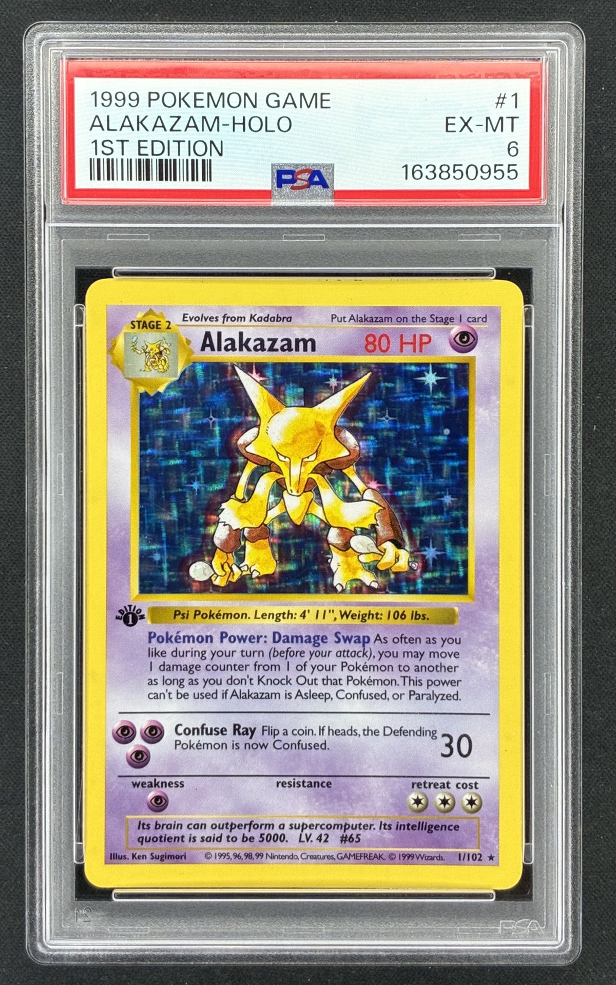1999 Pokémon Base Set 1st Edition Shadowless Alakazam 1/102 holographic card illustrated by Ken Sugimori, professionally graded PSA 6 EX-MT.