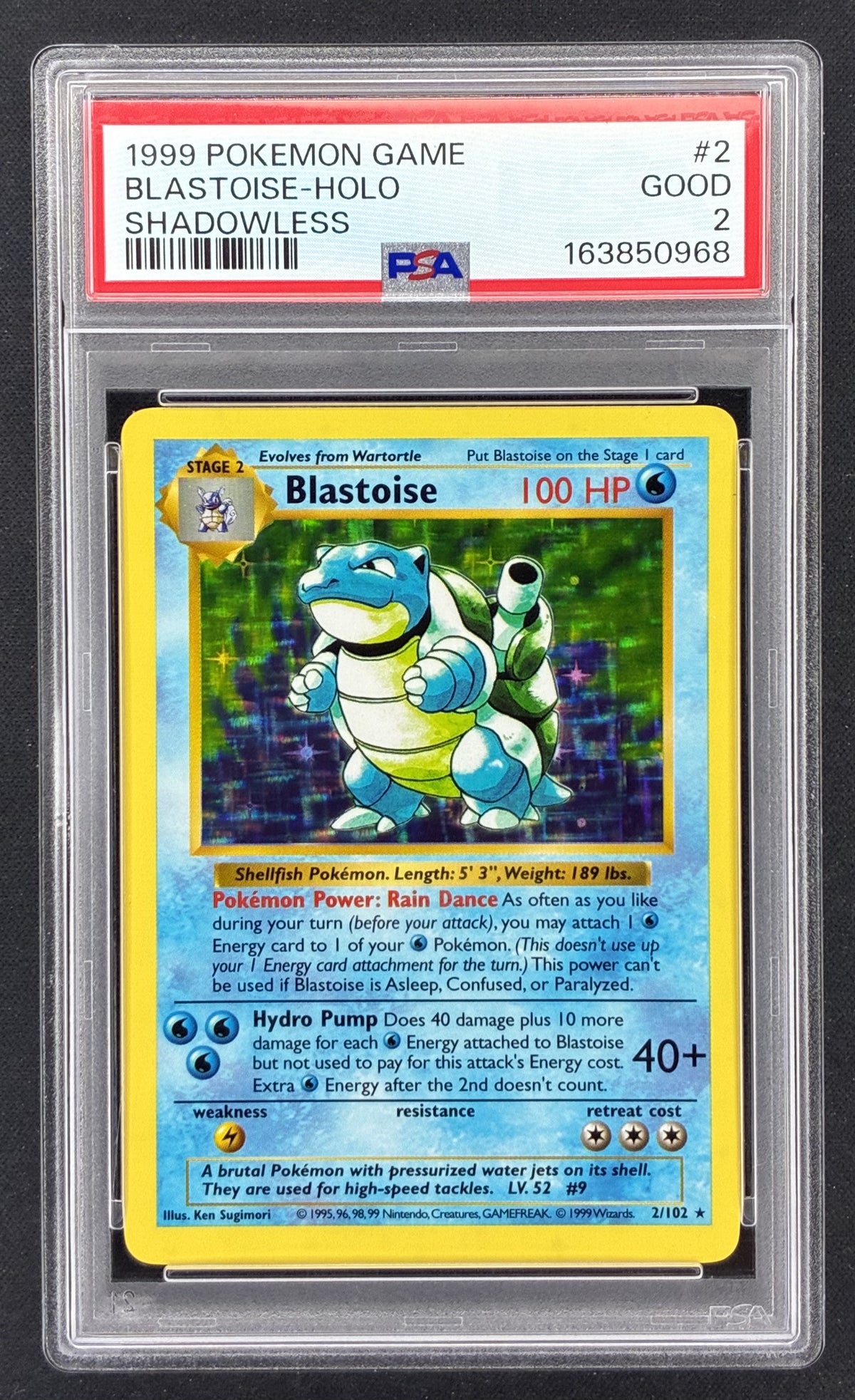 1999 Pokémon Base Set Shadowless Blastoise 2/102 holographic card illustrated by Ken Sugimori, professionally graded PSA 2 Good.
