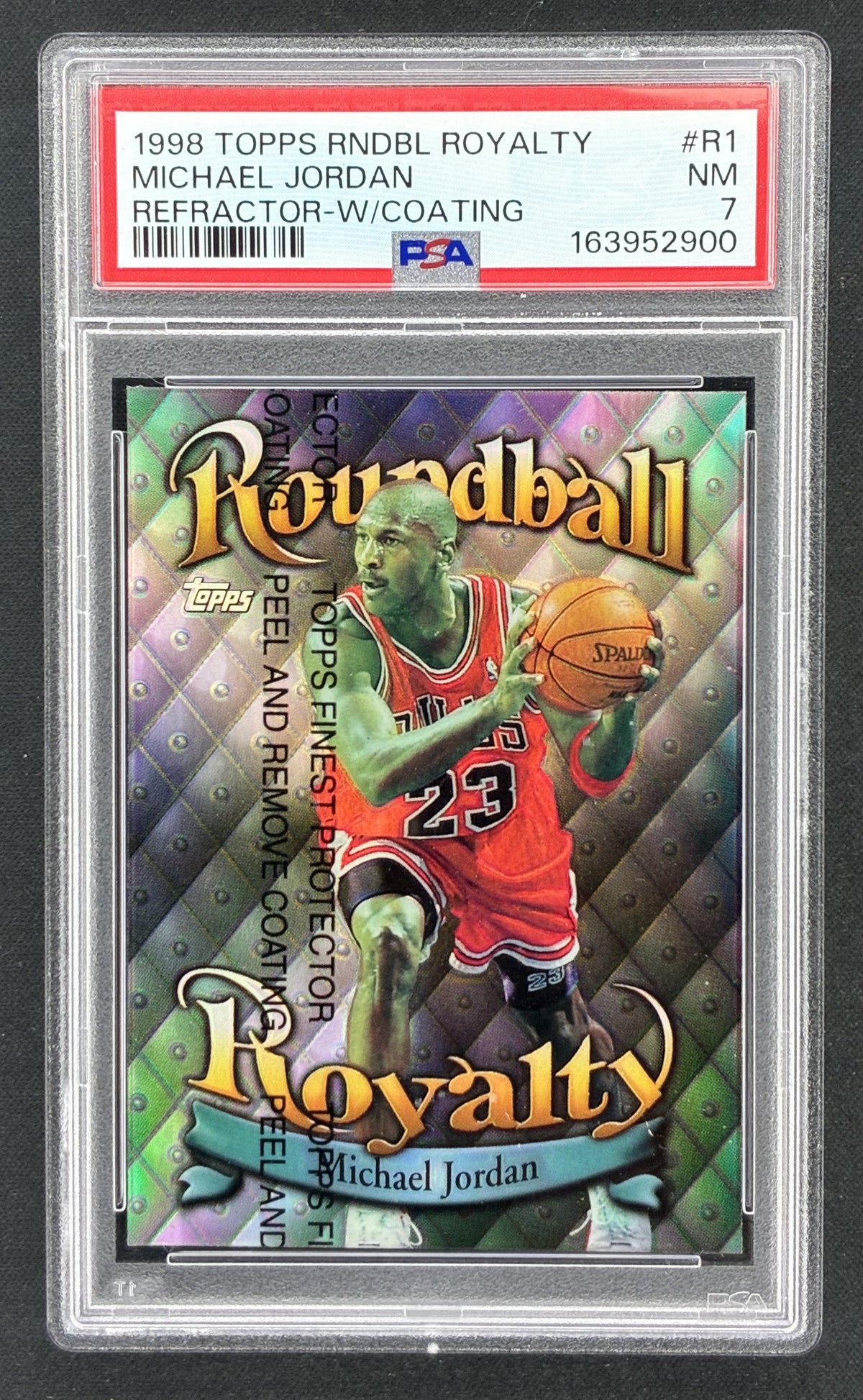 1998-99 Topps Chrome Basketball Michael Jordan Roundball Royalty Refractor insert card #R1 featuring the Chicago Bulls legend, professionally graded PSA 7 Near Mint.