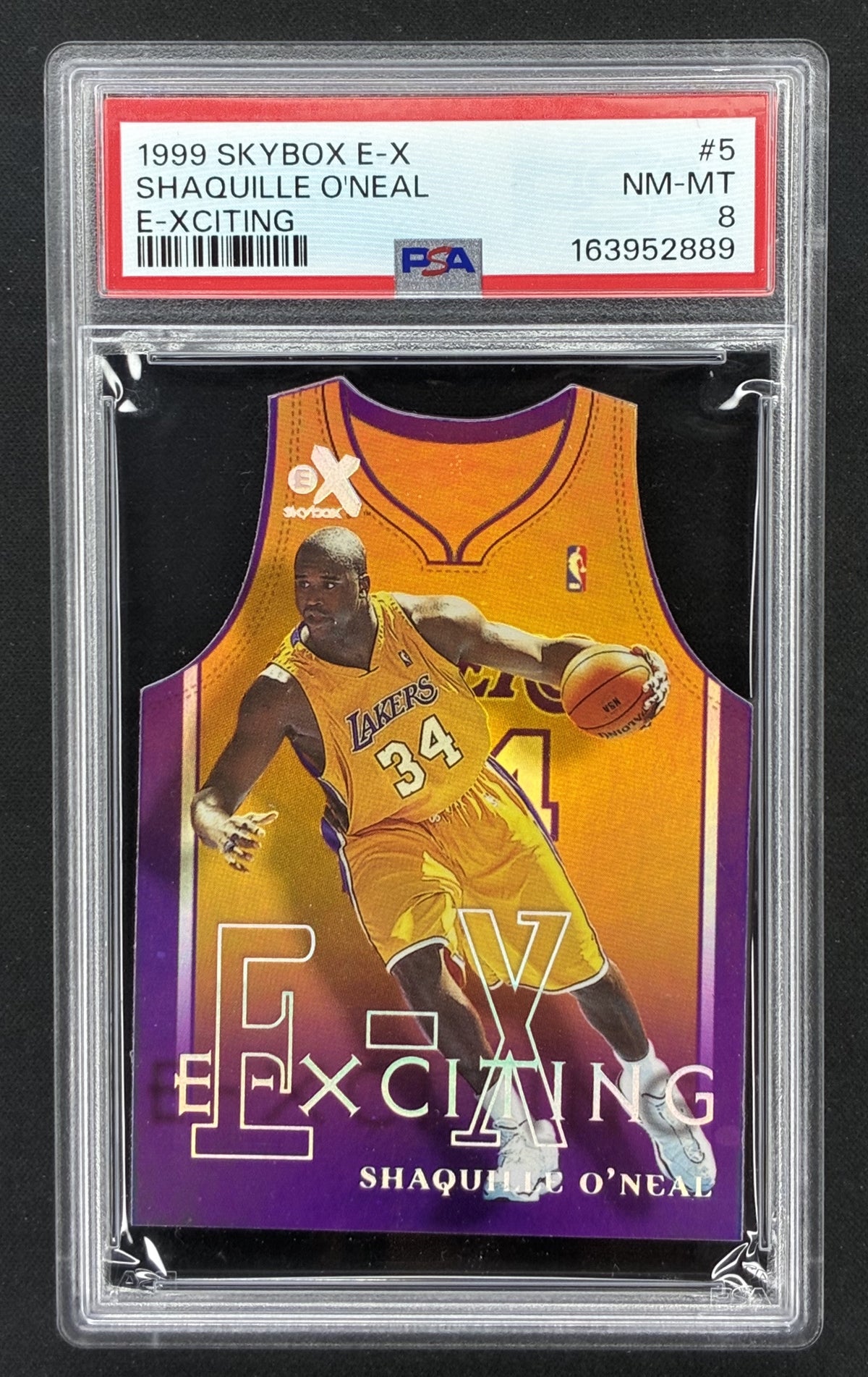 1999-00 SkyBox E-X Basketball E-Xciting Shaquille O'Neal insert card featuring the Los Angeles Lakers centre, professionally graded PSA 8 NM-MT.