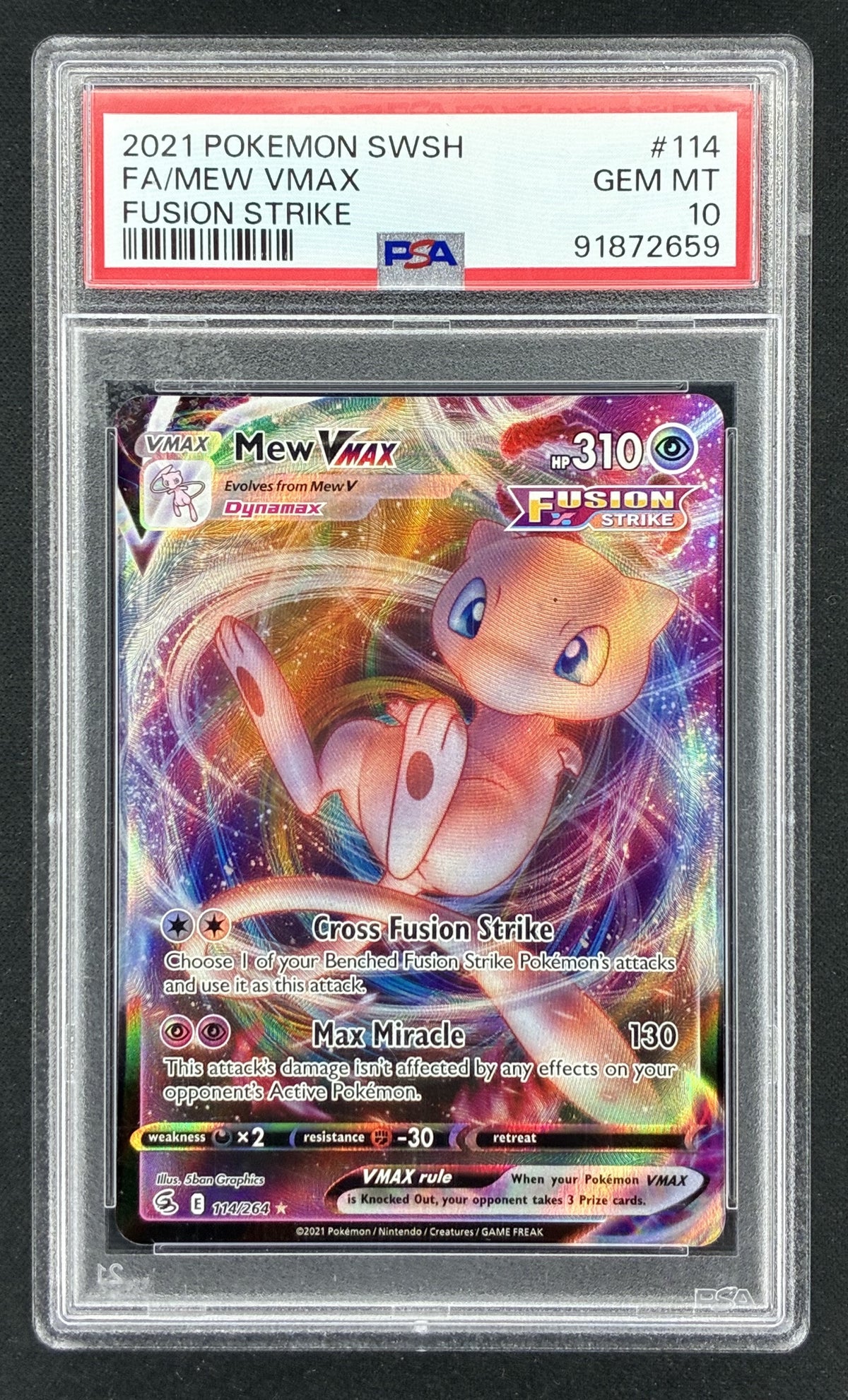 2021 Pokémon Sword & Shield Fusion Strike Mew VMAX 114/264 Ultra Rare holographic card illustrated by 5ban Graphics, professionally graded PSA 10 Gem Mint.