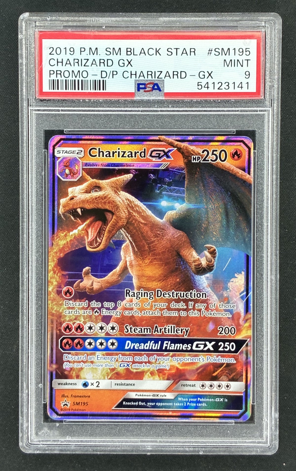 2019 Pokémon Sun & Moon Black Star Promo Charizard GX SM195 holographic Detective Pikachu promotional trading card professionally graded PSA 9 Mint.