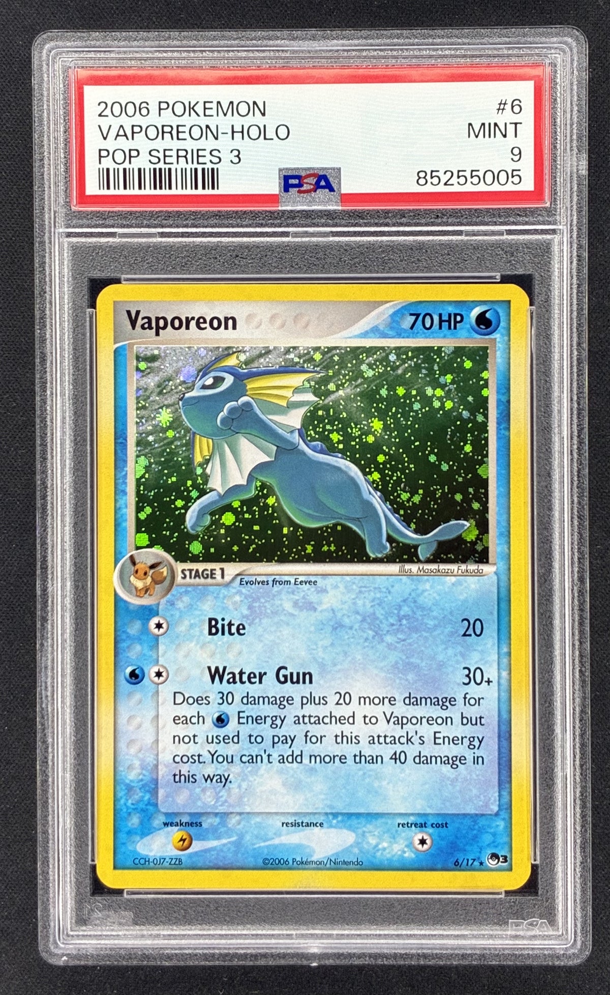 2006 Pokémon POP Series 3 Vaporeon 006/017 English holographic promotional card professionally graded PSA 9 Mint.