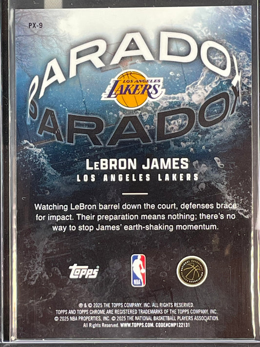 A collectible 2025 Topps LeBron James trading card inside a clear plastic protective sleeve, showing the back of the card with the Los Angeles Lakers logo, 'Barado' text, and a description of LeBron James.