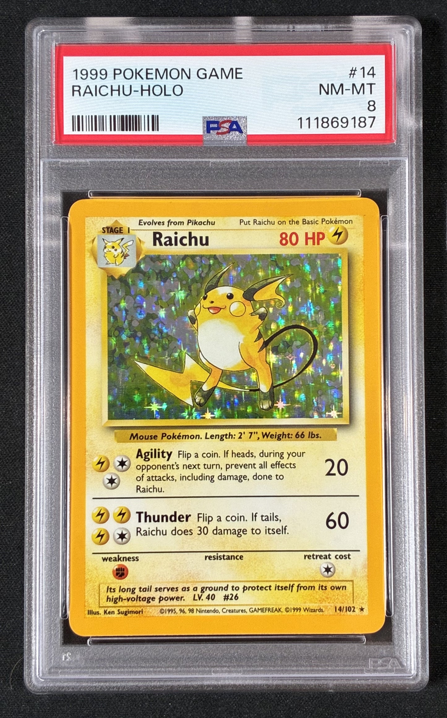 Raichu 14/102 Holo Rare Pokémon Base Set Card – PSA 8 Slab – 1999