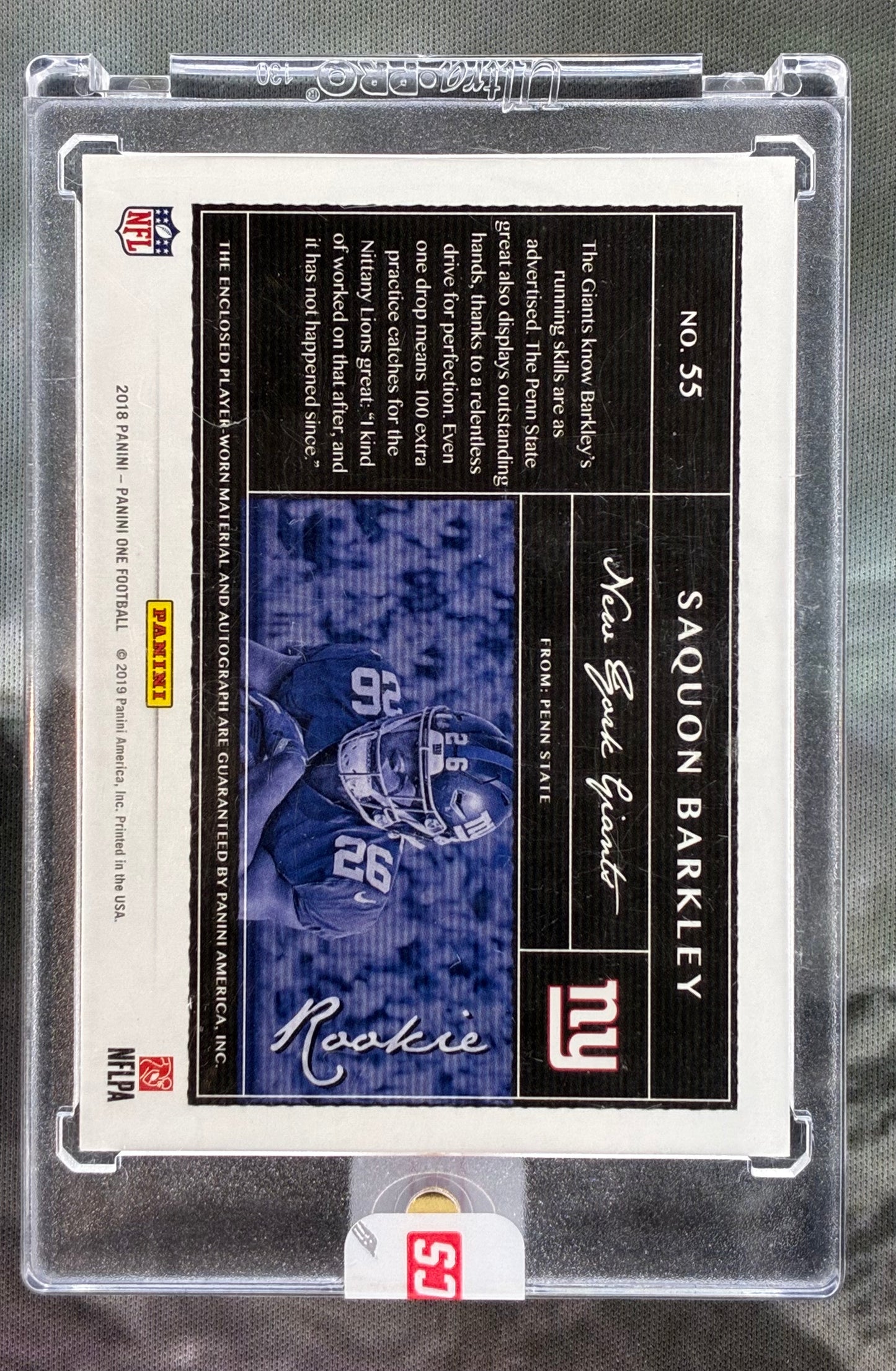 Saquon Barkley 2018 Panini One Rookie Patch Auto 32/49 – 2 Color Patch