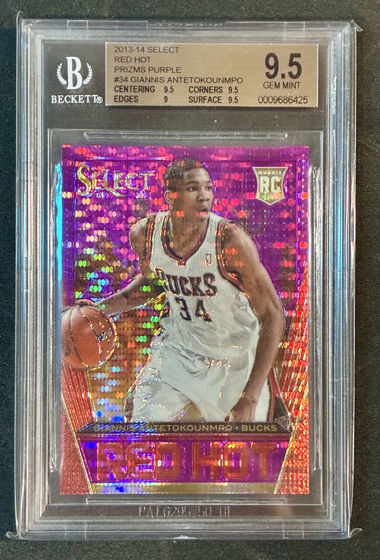 BGS 9.5 Giannis Antetokounmpo 2013 Select Red Hot Prizm Purple Rookie /99 Basketball Card