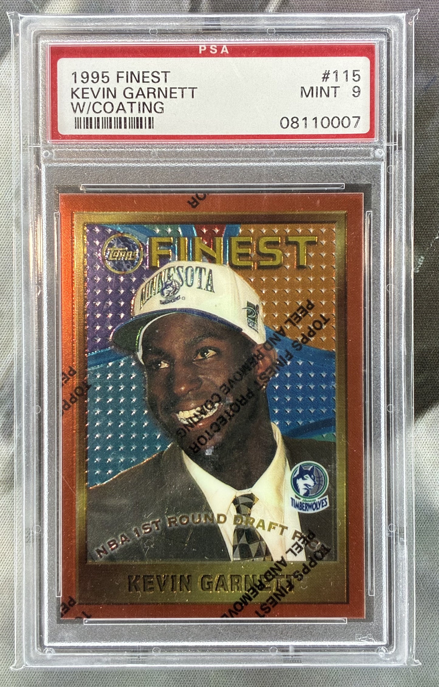 1995-96 Topps Finest Kevin Garnett Rookie RC #115 – PSA 9 With Coating – Timberwolves