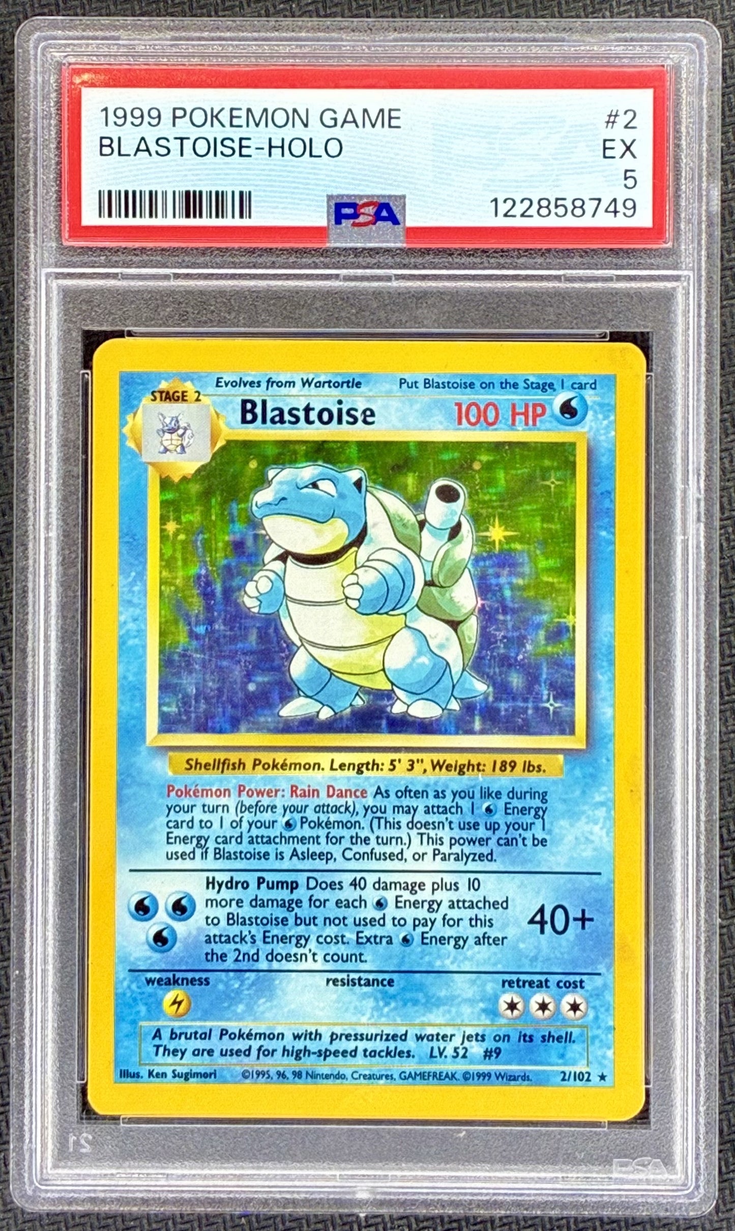 PSA 5 Blastoise 1999 Pokémon Base Set Unlimited Holo #2/102 Vintage Pokémon Card