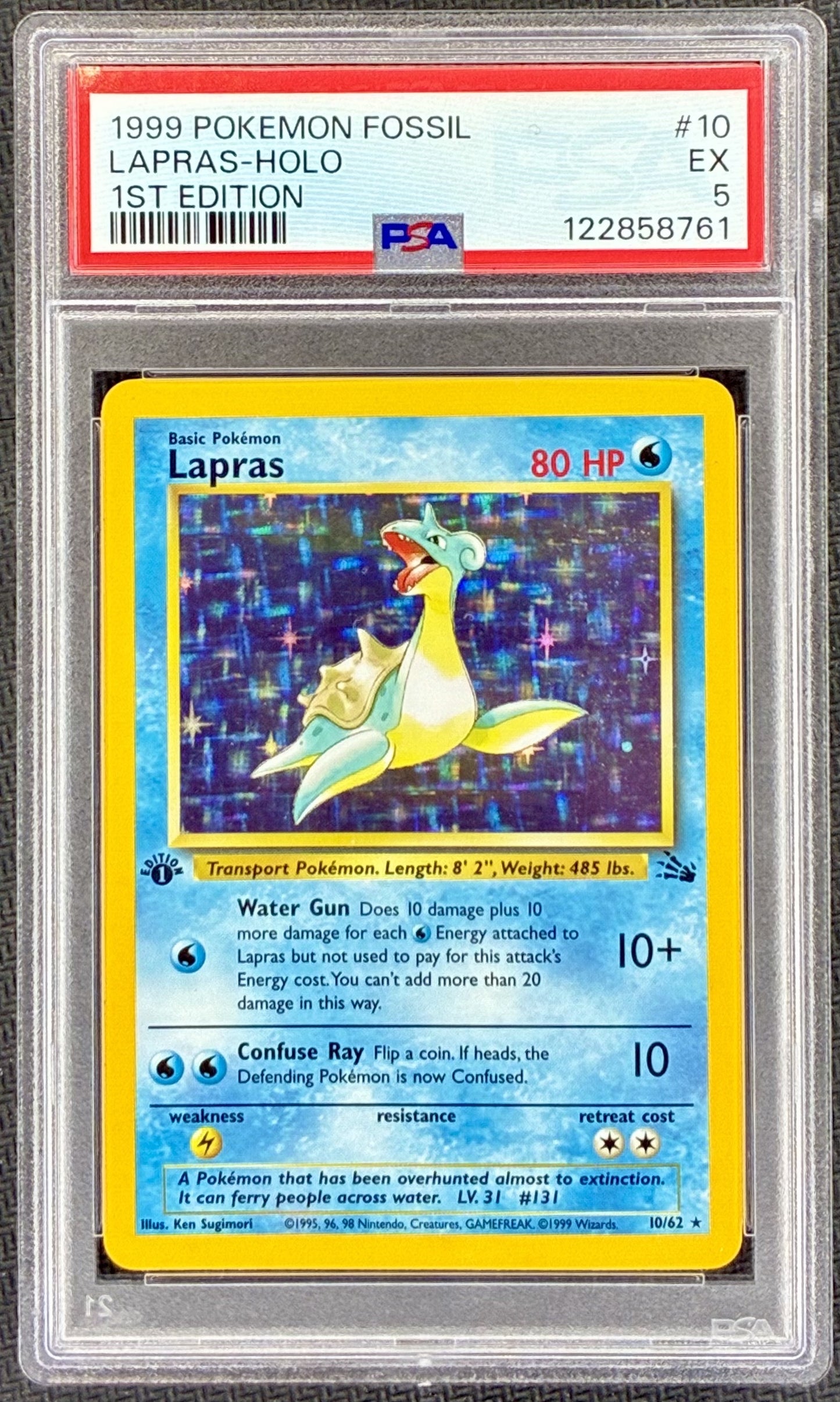 PSA 5 Lapras 1999 Pokémon Fossil 1st Edition Holo #10/62 Vintage Pokémon Card