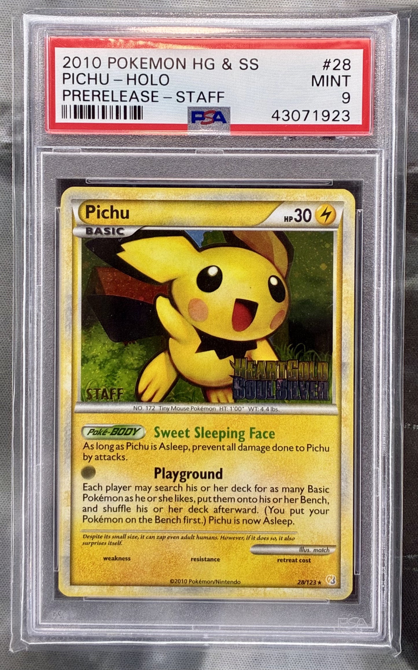 Pokémon Pichu 28/123 HGSS Prerelease STAFF Promo Holofoil PSA 9 Mint