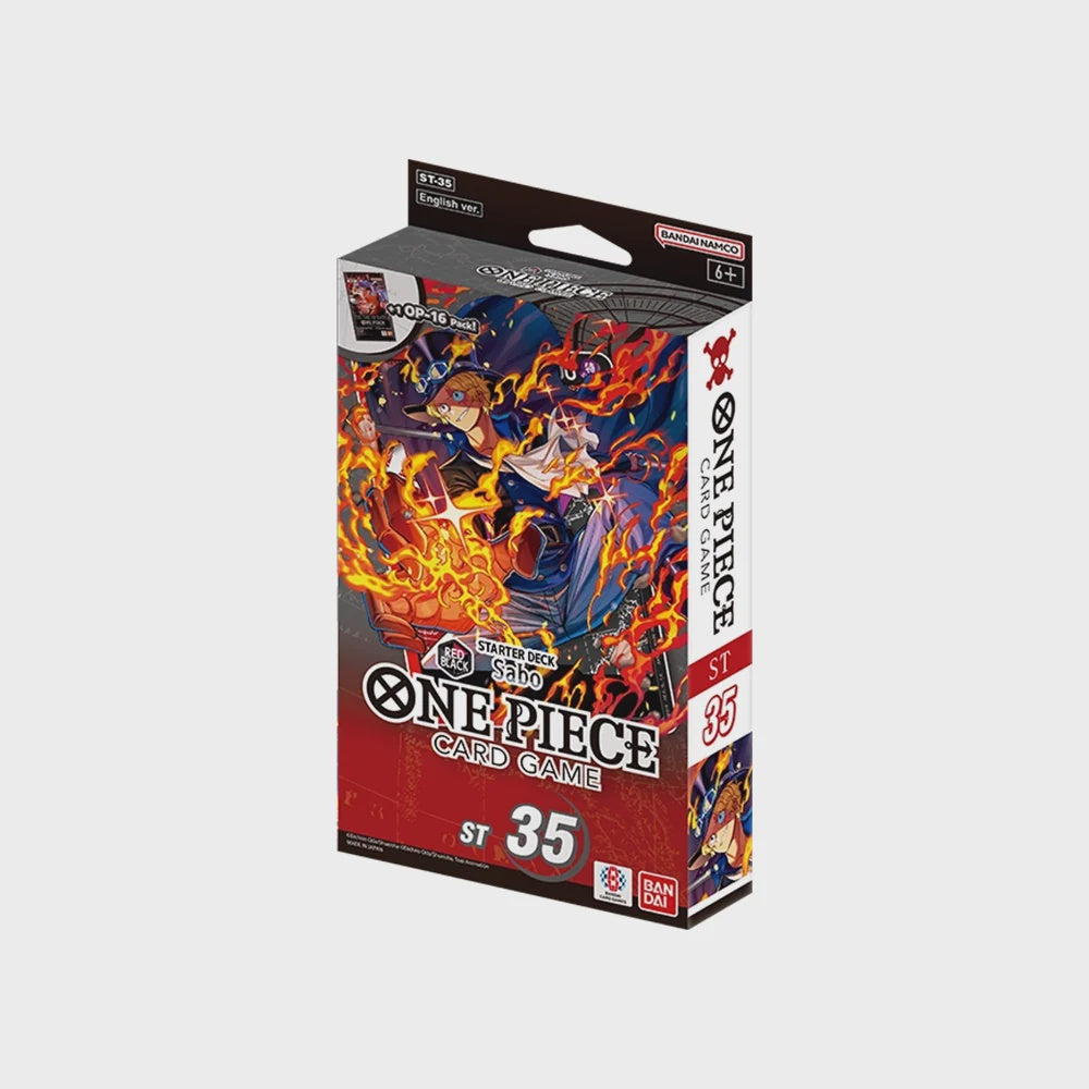 One Piece Card Game ST-35 Starter Deck Display Black Sabo containing six sealed starter decks