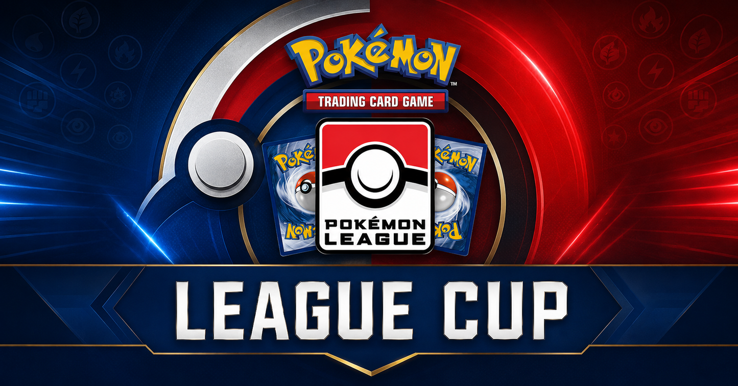 Promotional graphic for the Pokémon League Cup trading card event, featuring the Pokémon Trading Card Game logo, a Pokémon League shield emblem, two booster packs, and large 'LEAGUE CUP' text on a blue and red circular background.