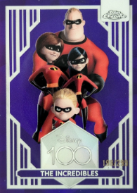 Disney100 The Incredibles Silver Parallel serial numbered to 299 trading card featuring Pixar's iconic superhero family.