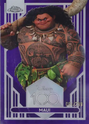 Disney100 Maui Purple Refractor trading card serial numbered to 299 featuring Maui from Disney's Moana.