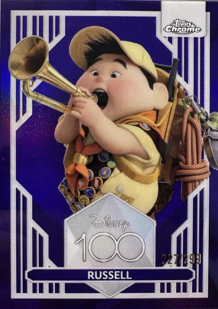 Disney100 Russell Purple Refractor trading card serial numbered to 299 featuring Russell from Disney and Pixar's Up.