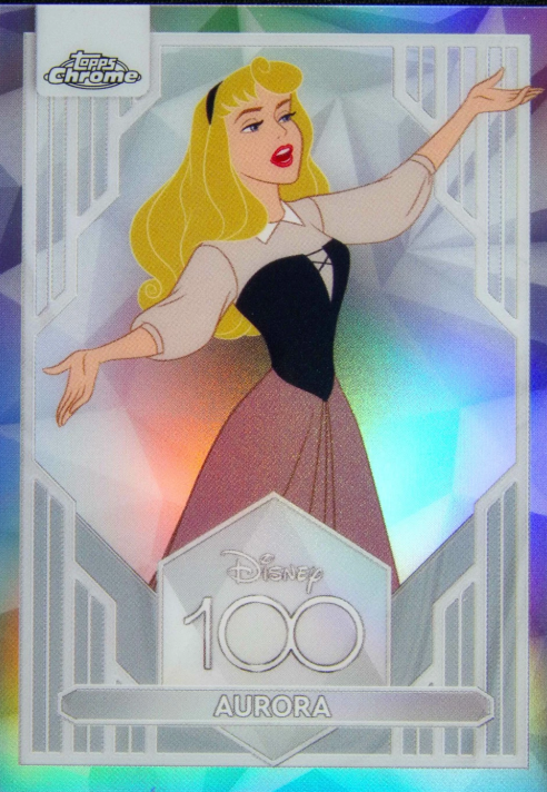 Disney100 Aurora Refractor trading card featuring Aurora from Disney's Sleeping Beauty with a premium chrome Refractor finish.