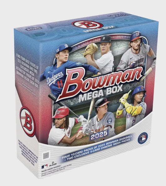 2025 Bowman Baseball Mega Box featuring exclusive Mojo Chrome parallels and MLB rookie cards.